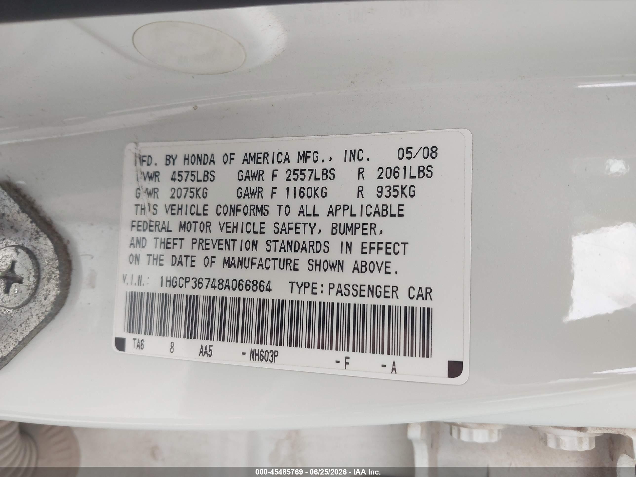 2008 Honda Accord 3.5 Ex White vin: 1HGCP36748A066864