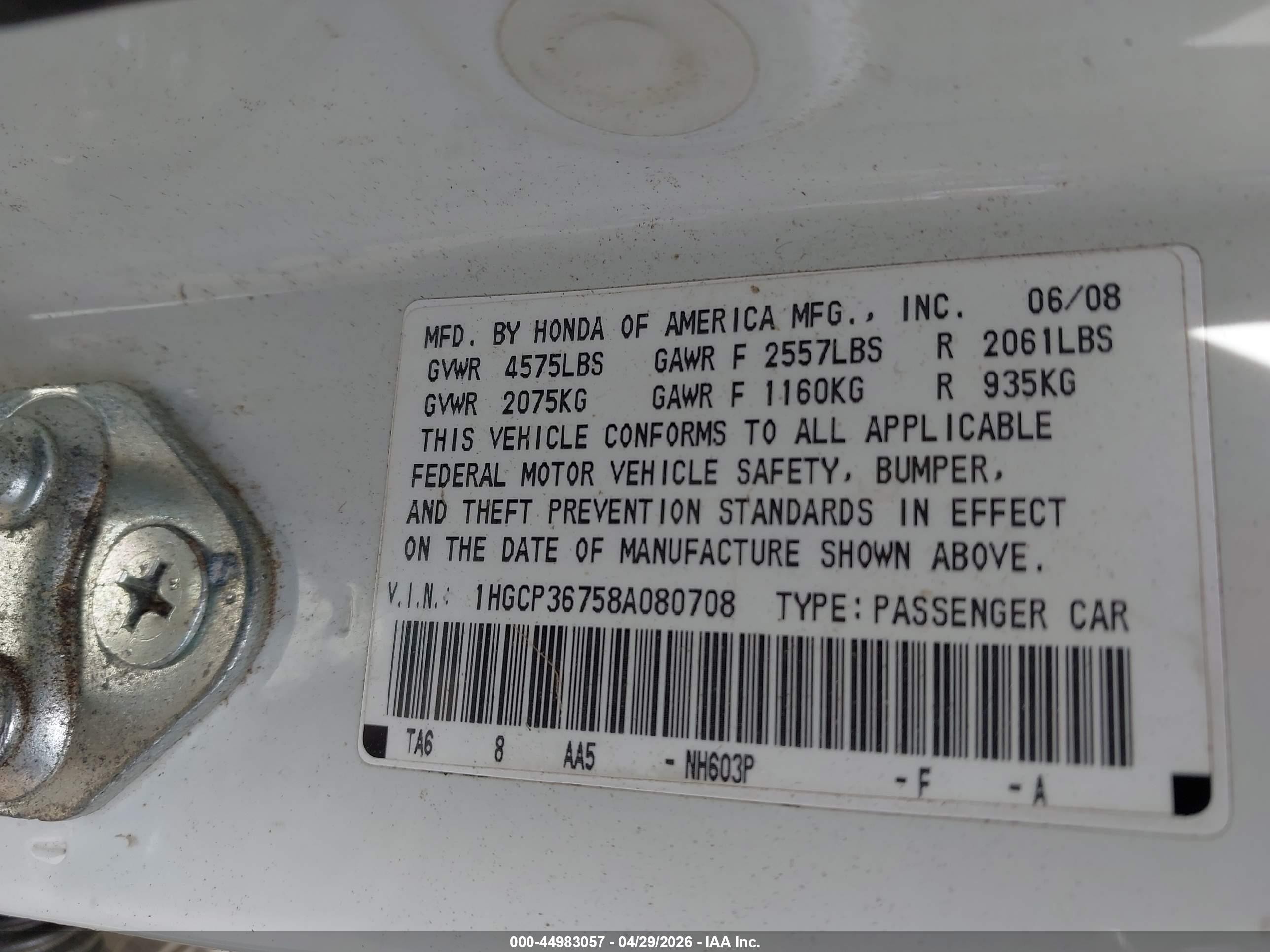 2008 Honda Accord 3.5 Ex White vin: 1HGCP36758A080708