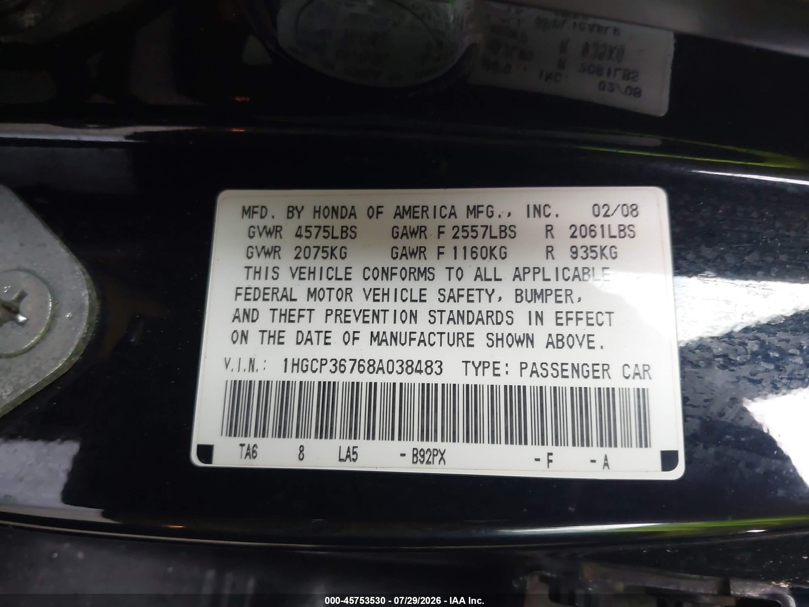 2008 Honda Accord 3.5 Ex Black vin: 1HGCP36768A038483