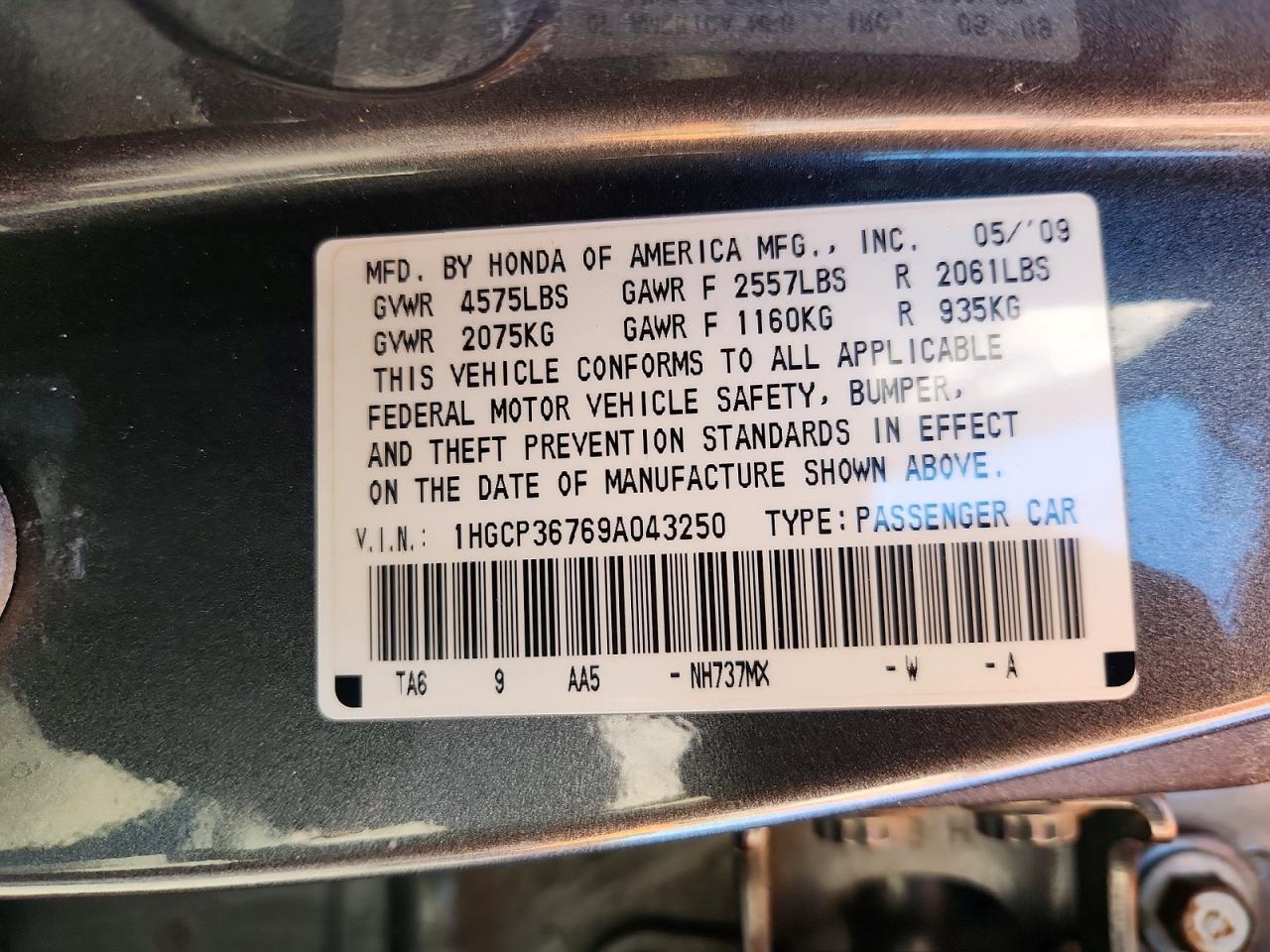 2009 Honda Accord Ex Gray vin: 1HGCP36769A043250