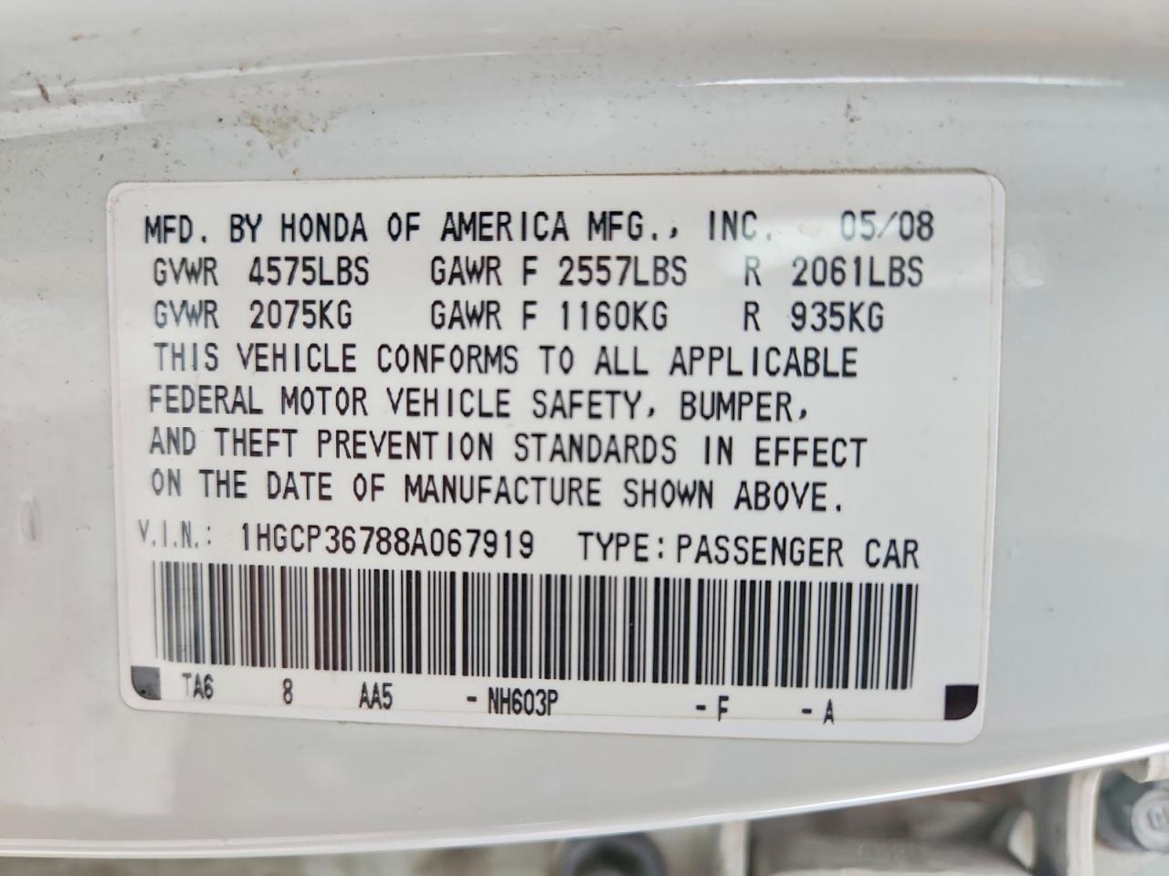 2008 Honda Accord Ex White vin: 1HGCP36788A067919