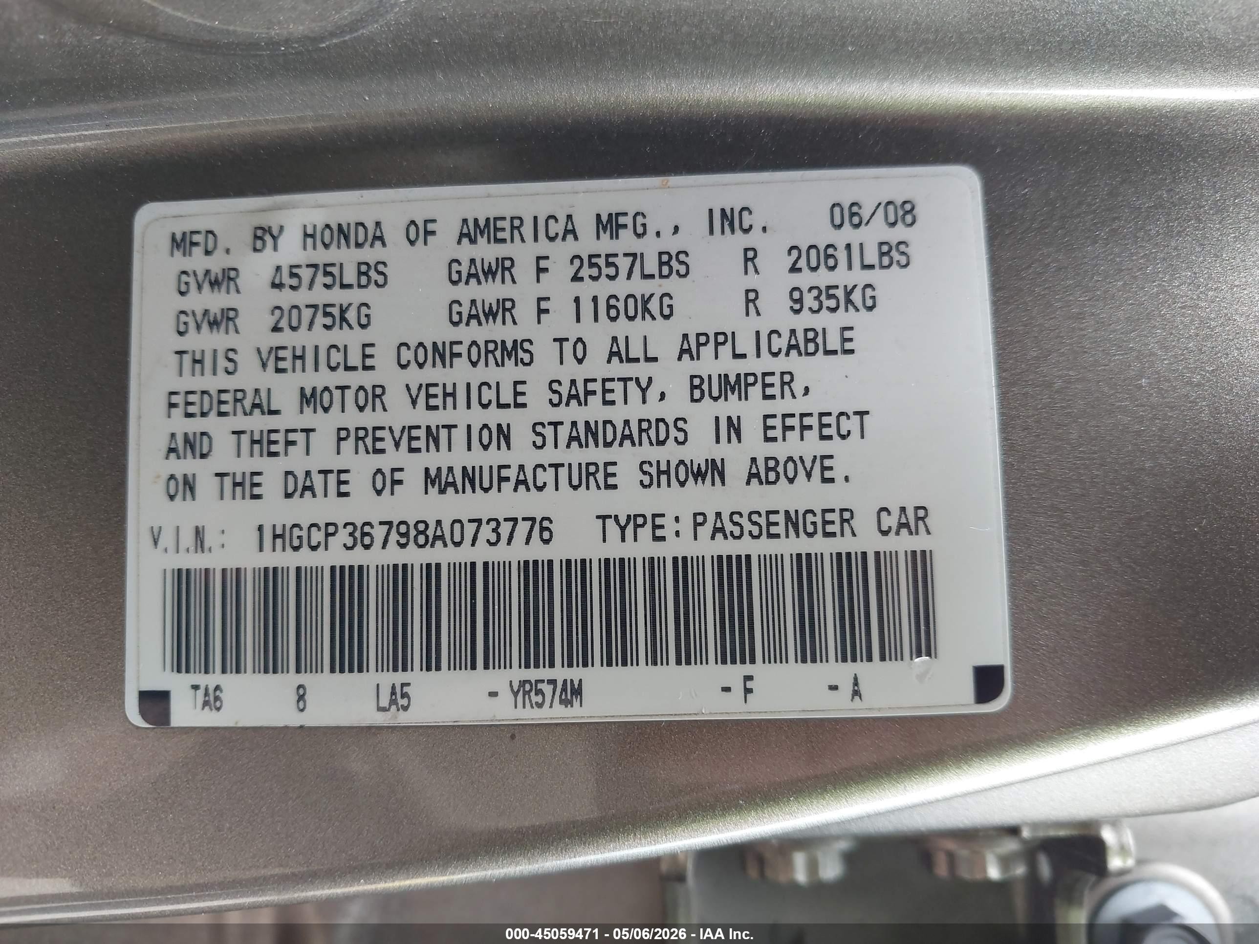 2008 Honda Accord 3.5 Ex Gold vin: 1HGCP36798A073776