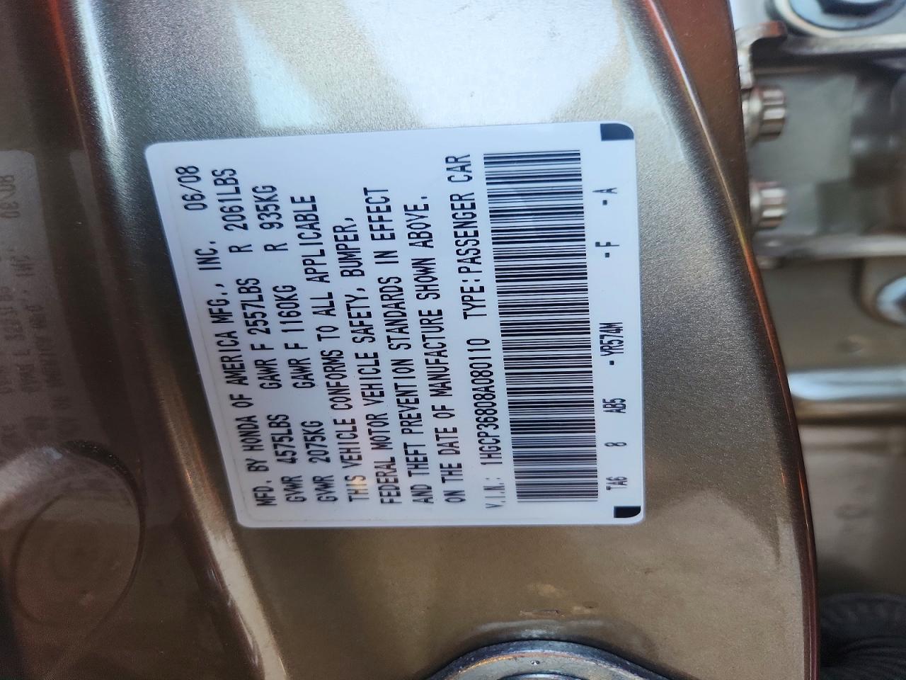 2008 Honda Accord Exl Gold vin: 1HGCP36808A080110