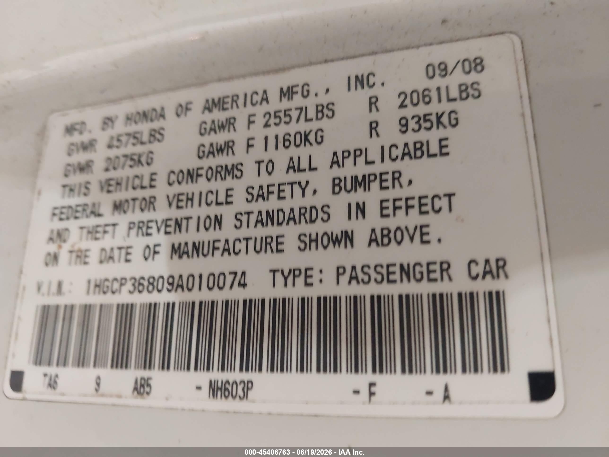 2009 Honda Accord 3.5 Ex-l White vin: 1HGCP36809A010074