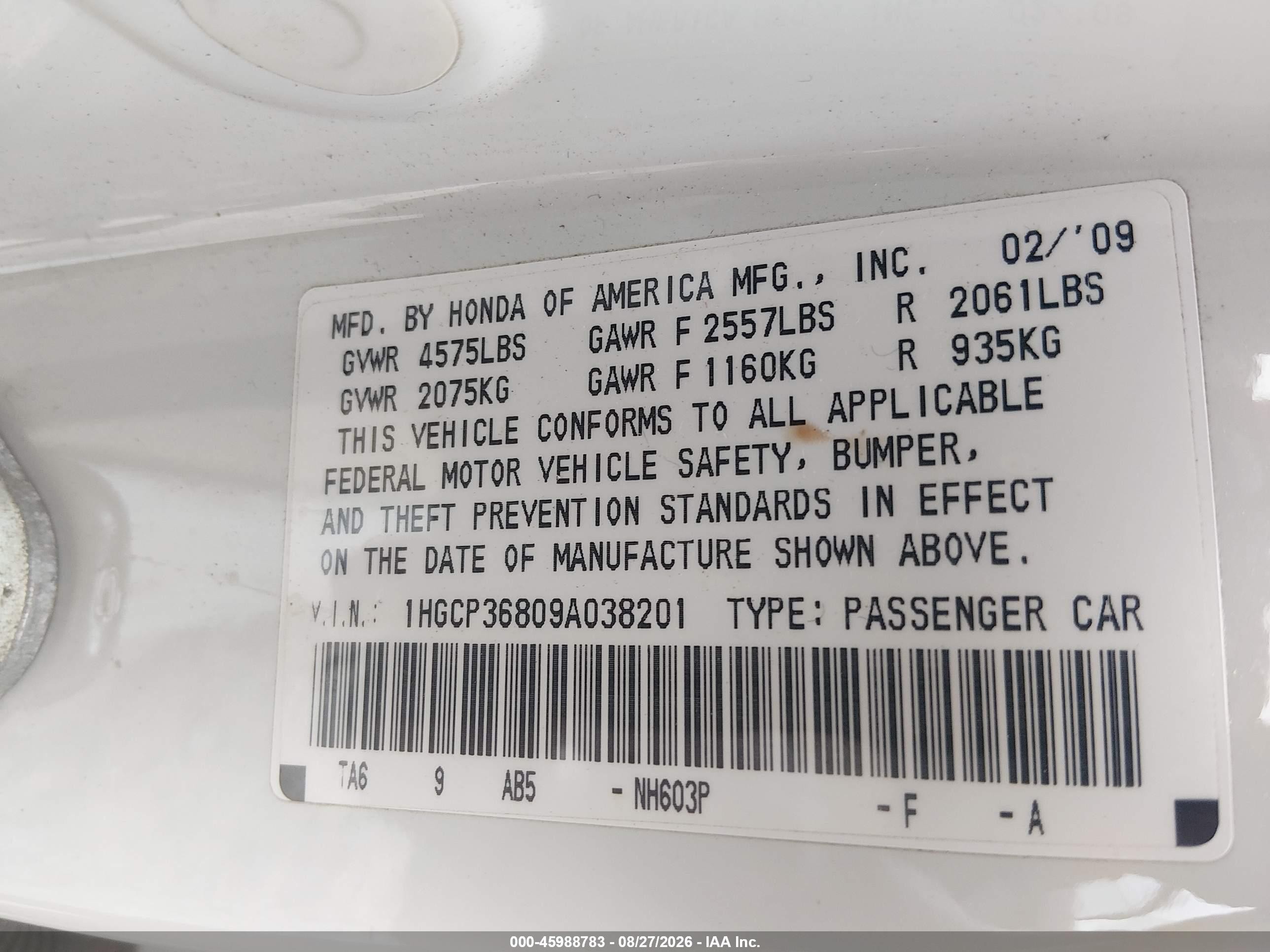 2009 Honda Accord 3.5 Ex-l White vin: 1HGCP36809A038201