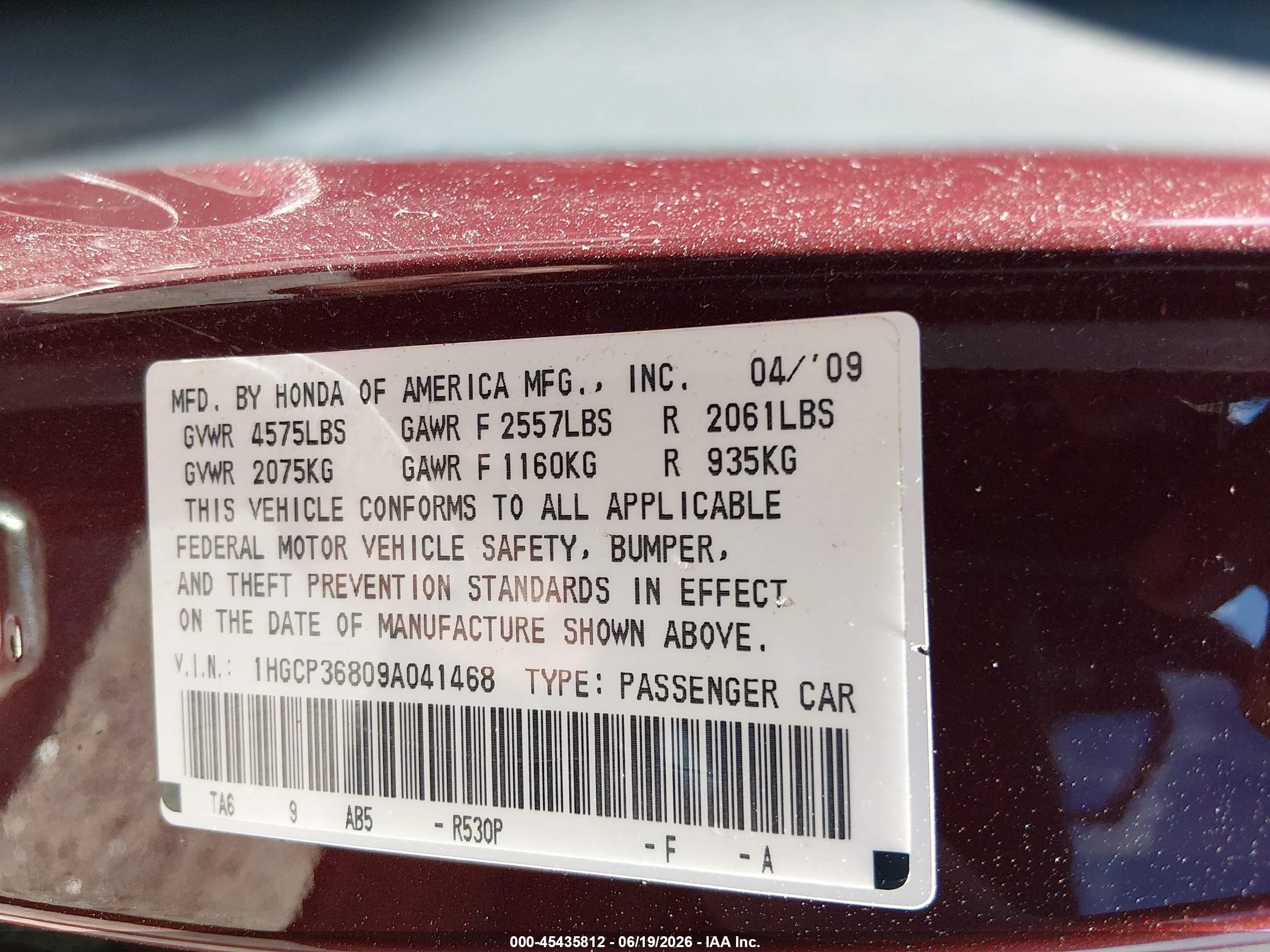 2009 Honda Accord 3.5 Ex-l Burgundy vin: 1HGCP36809A041468