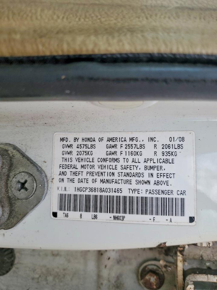 2008 Honda Accord White vin: 1HGCP36818A031465