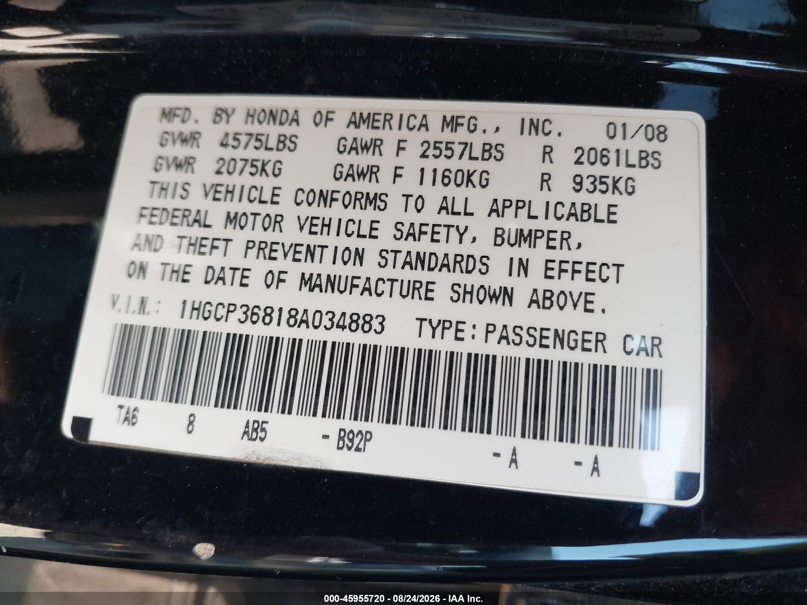 2008 Honda Accord 3.5 Ex-l Black vin: 1HGCP36818A034883