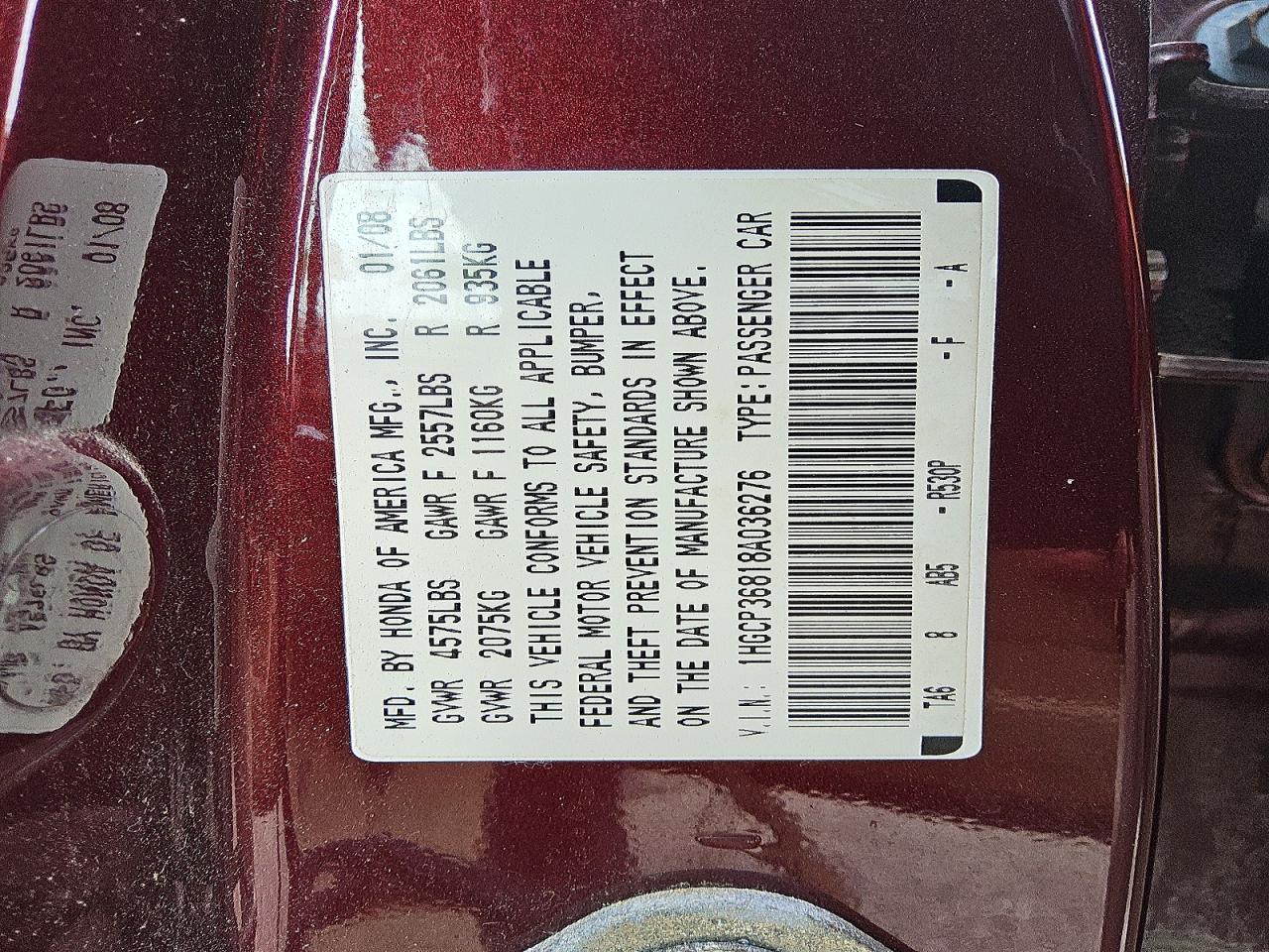 2008 Honda Accord Exl Burgundy vin: 1HGCP36818A036276