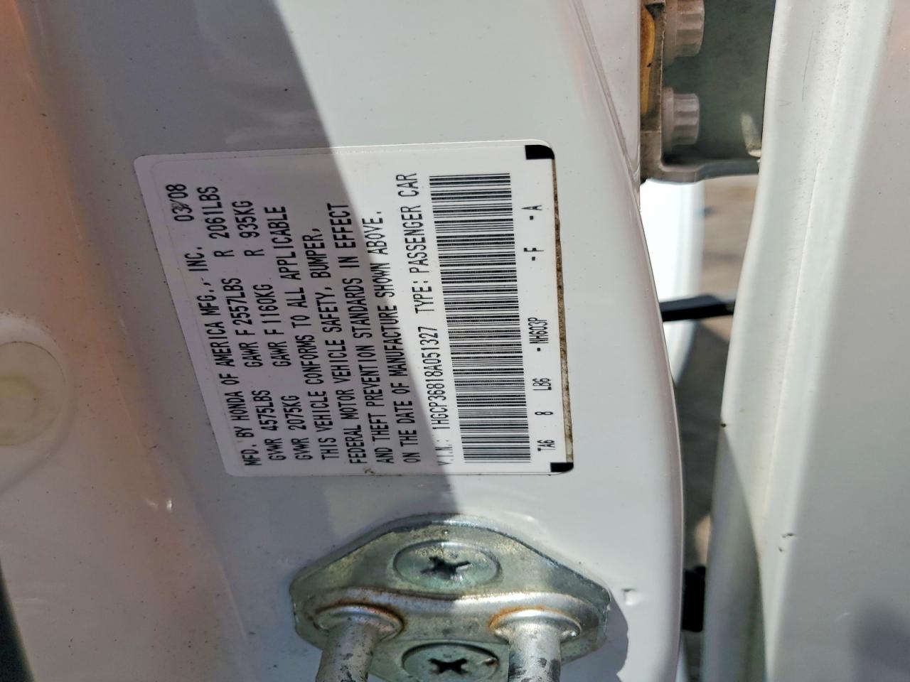 2008 Honda Accord Exl White vin: 1HGCP36818A051327