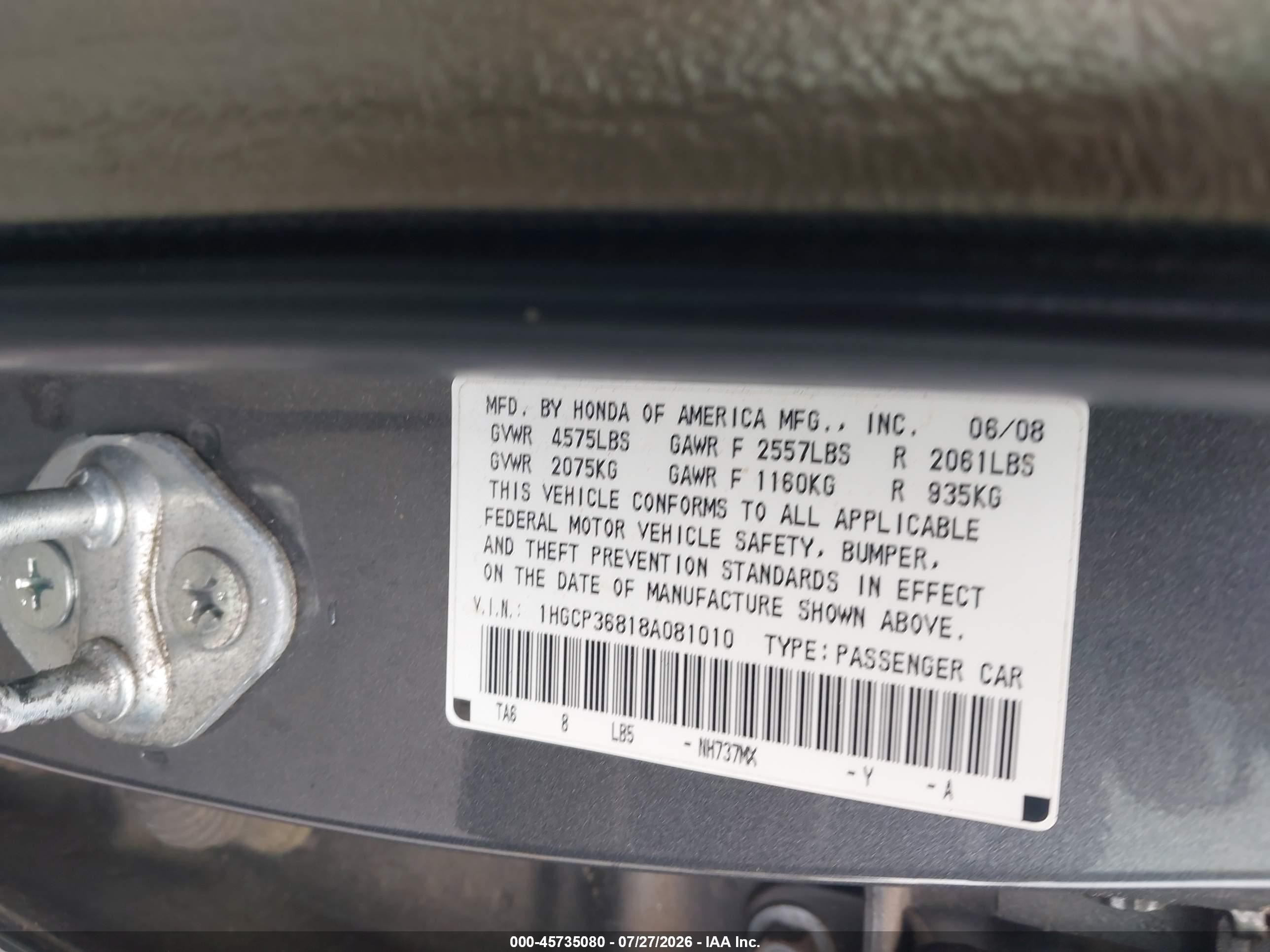 2008 Honda Accord 3.5 Ex-l Gray vin: 1HGCP36818A081010