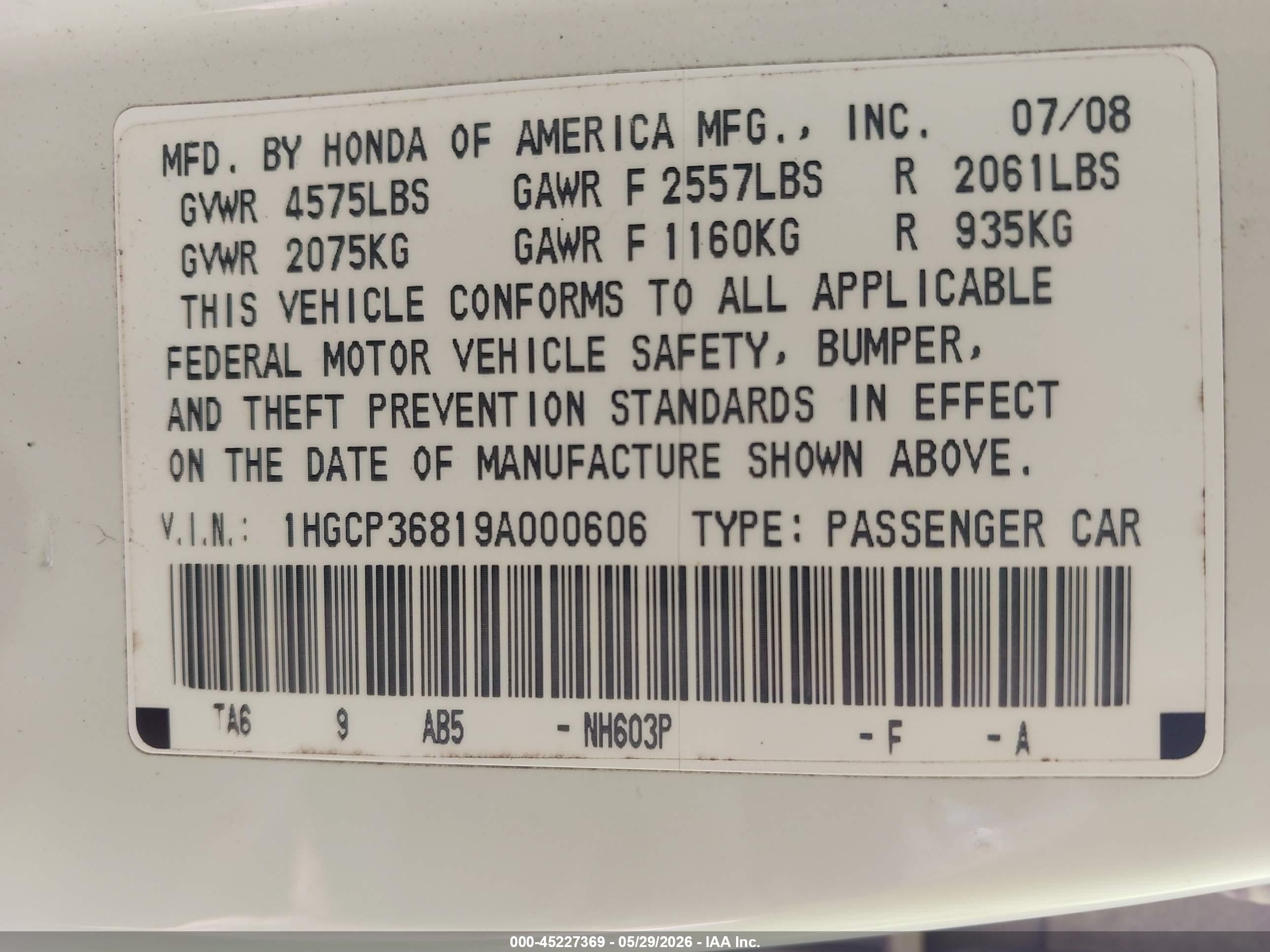 2009 Honda Accord 3.5 Ex-l White vin: 1HGCP36819A000606