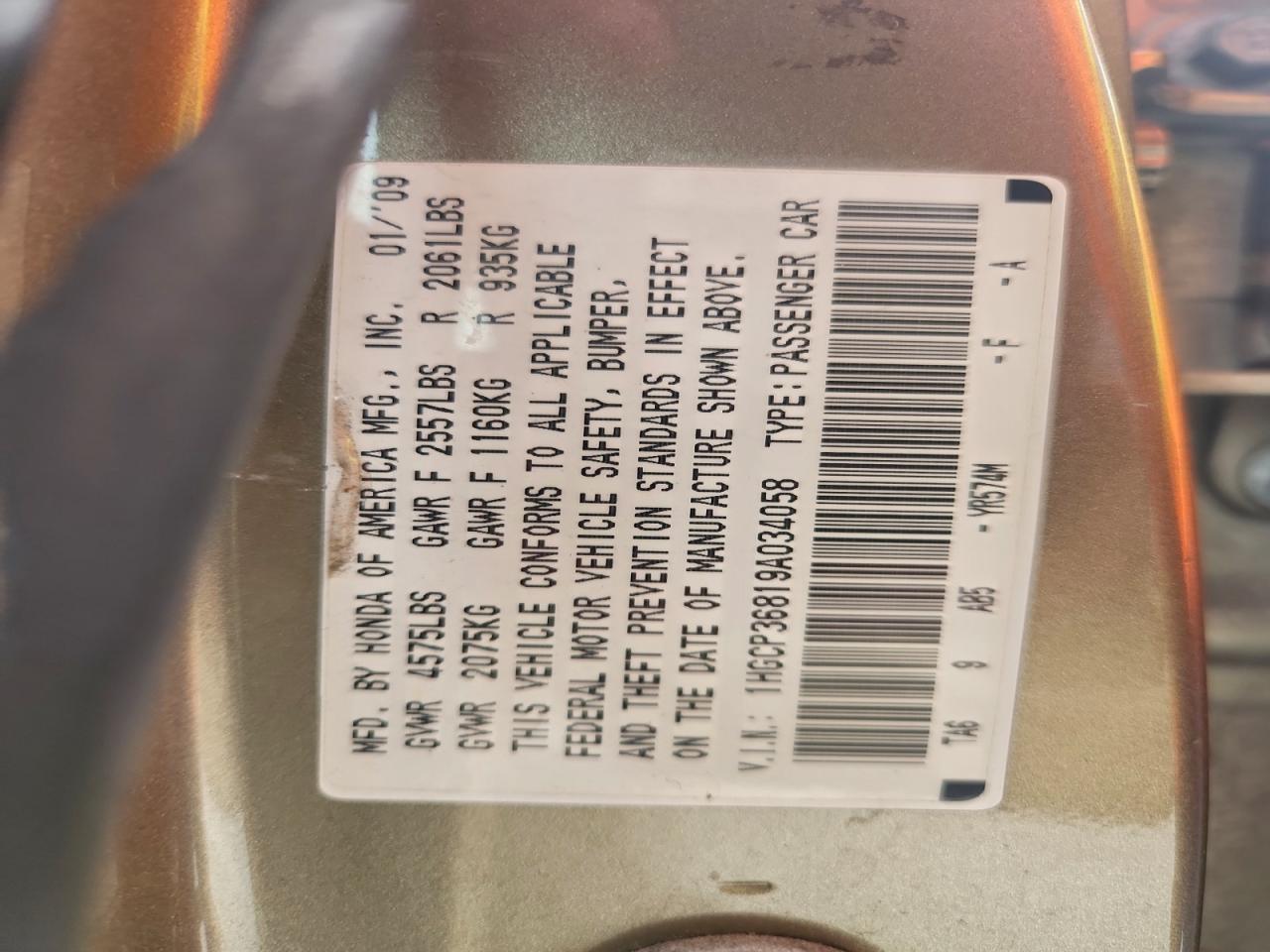 2009 Honda Accord Exl Gold vin: 1HGCP36819A034058