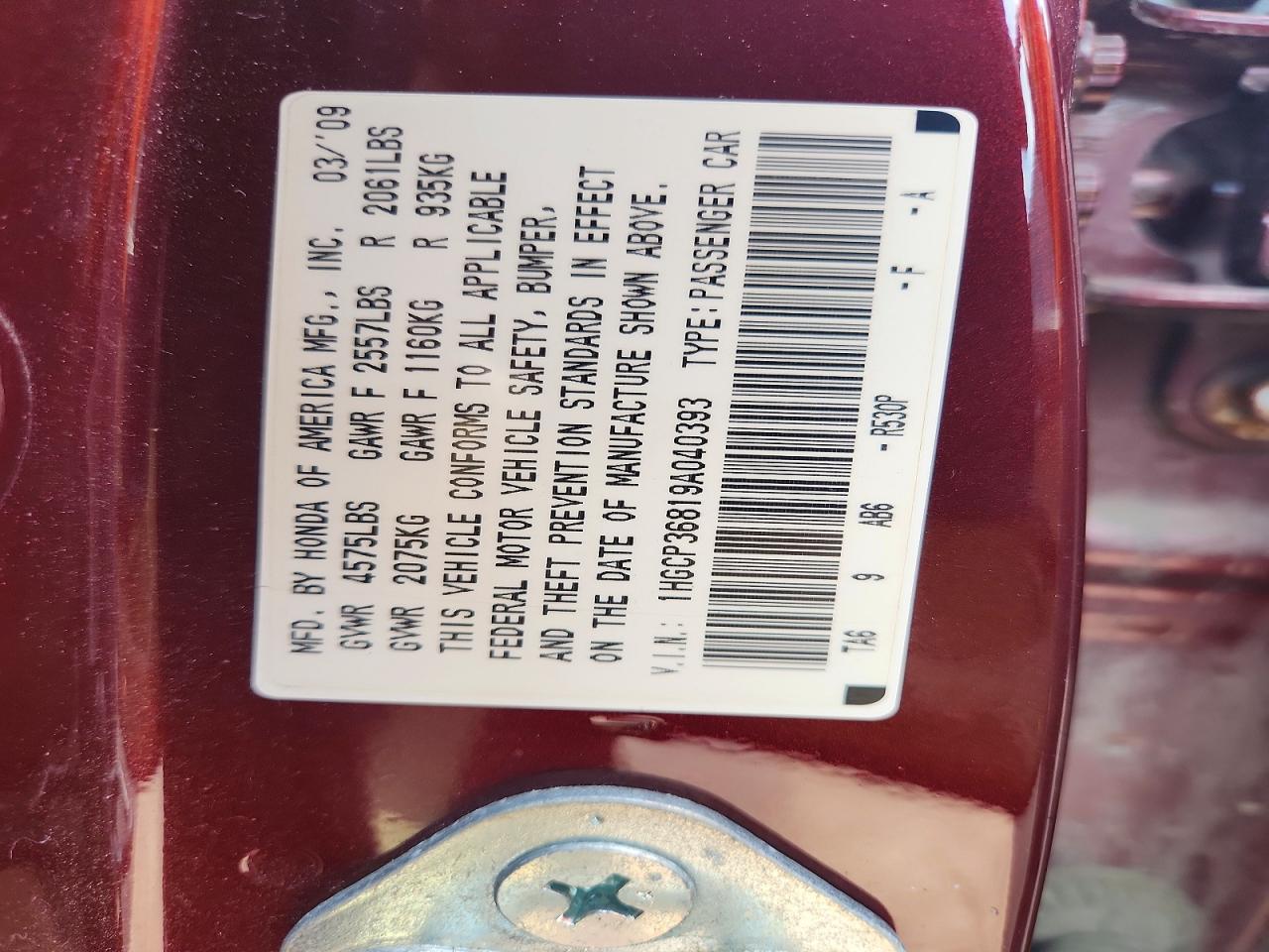 2009 Honda Accord Exl Maroon vin: 1HGCP36819A040393