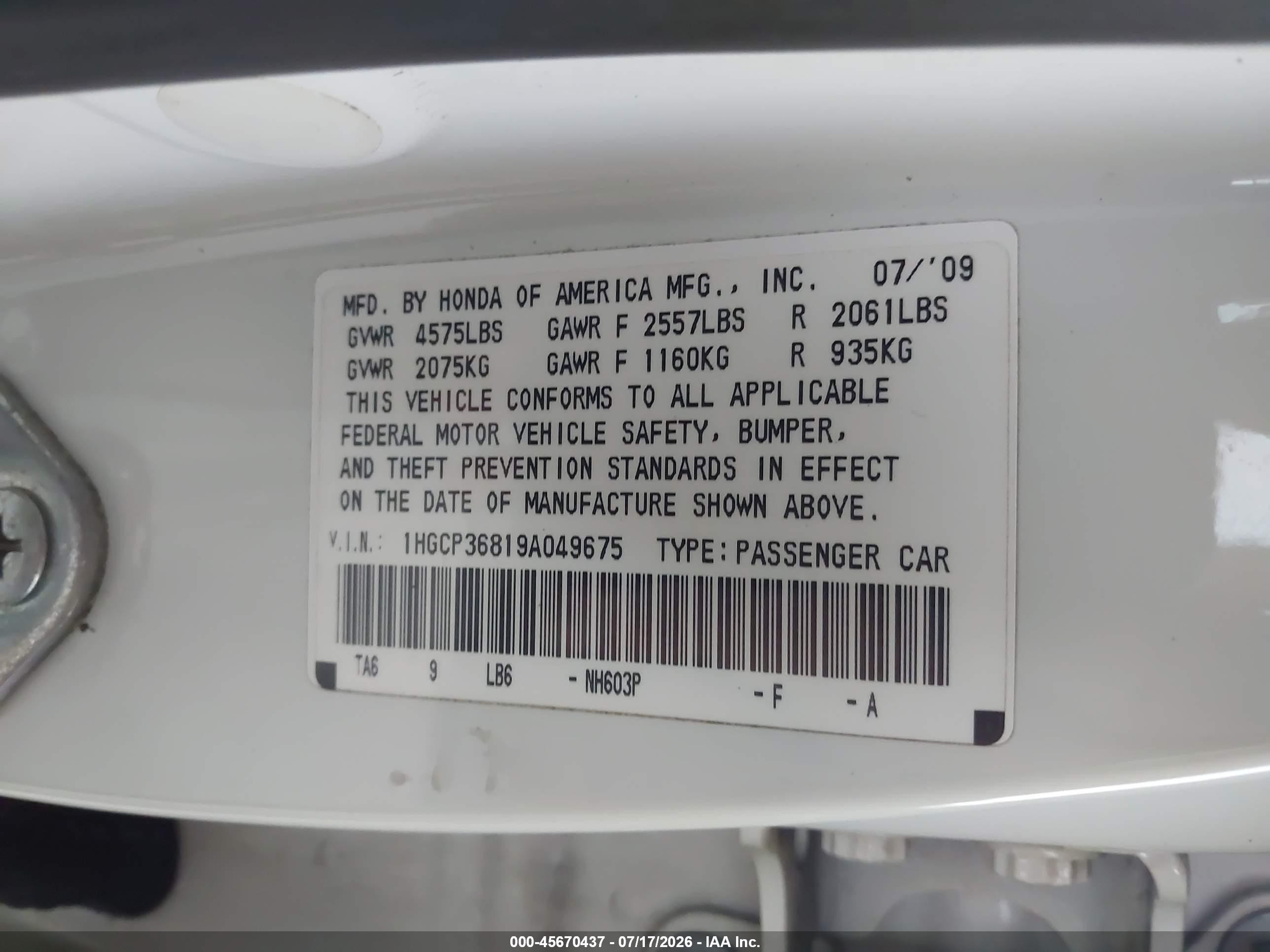 2009 Honda Accord 3.5 Ex-l White vin: 1HGCP36819A049675