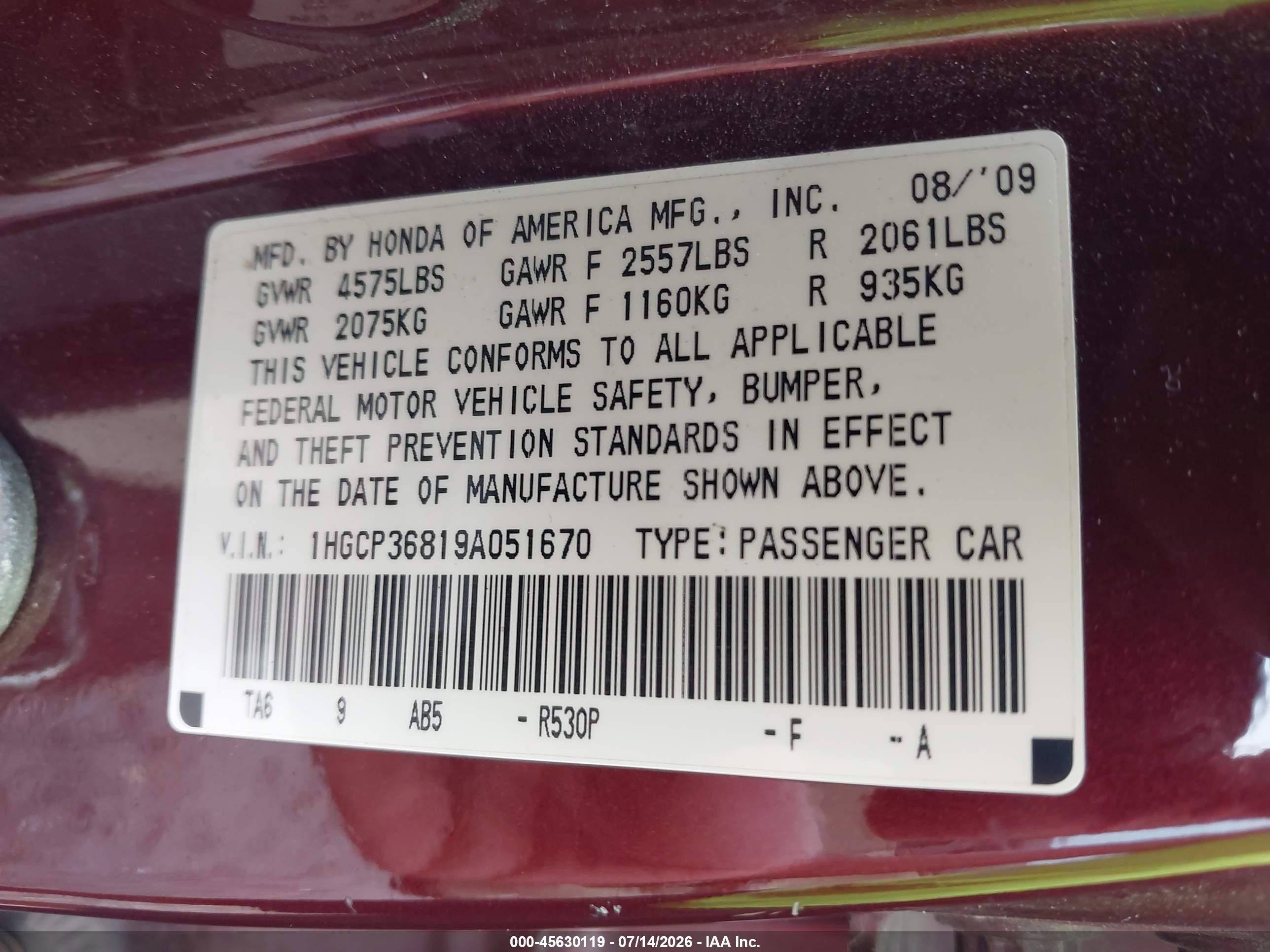 2009 Honda Accord 3.5 Ex-l Burgundy vin: 1HGCP36819A051670