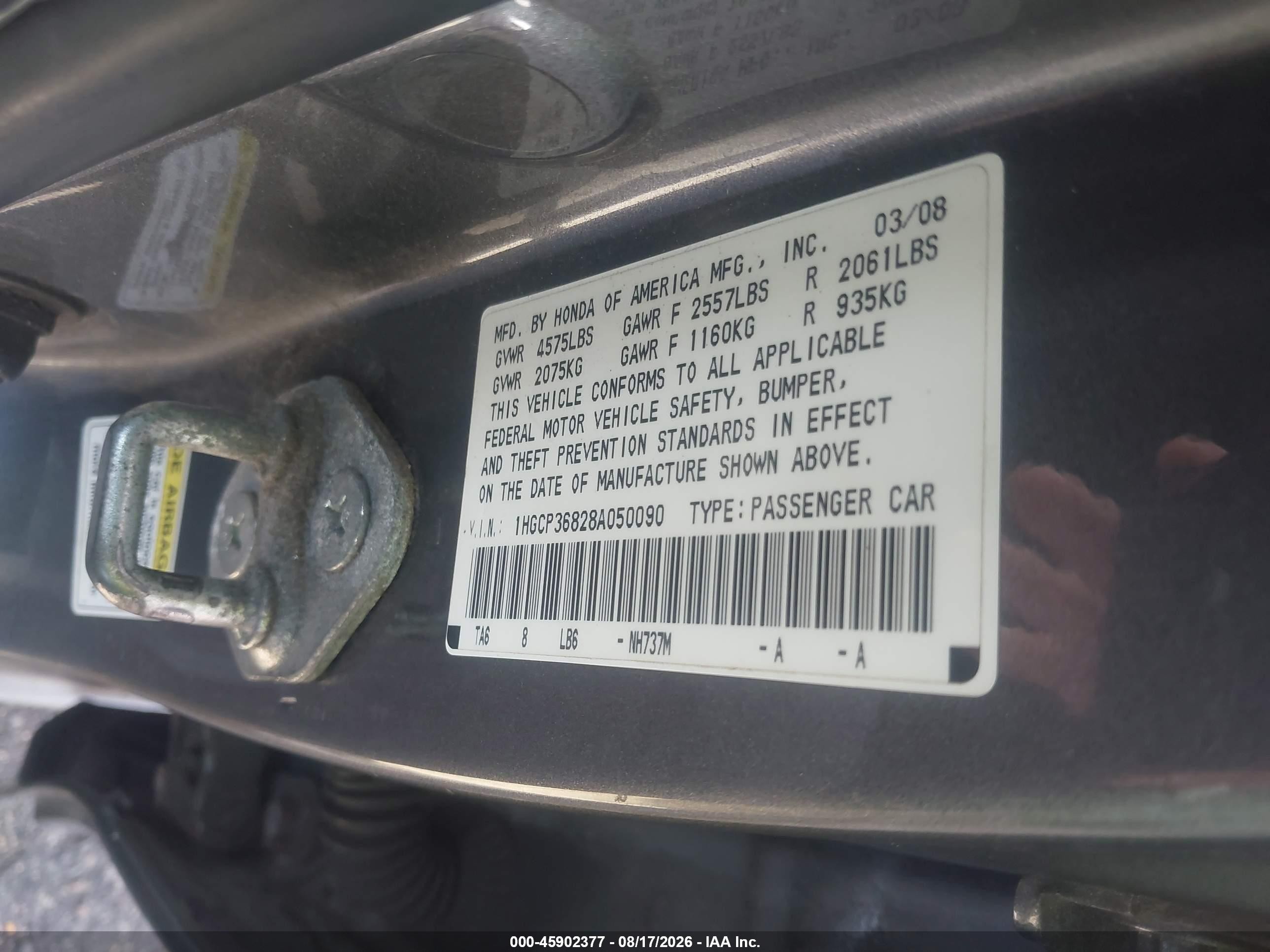 2008 Honda Accord 3.5 Ex-l Серый vin: 1HGCP36828A050090