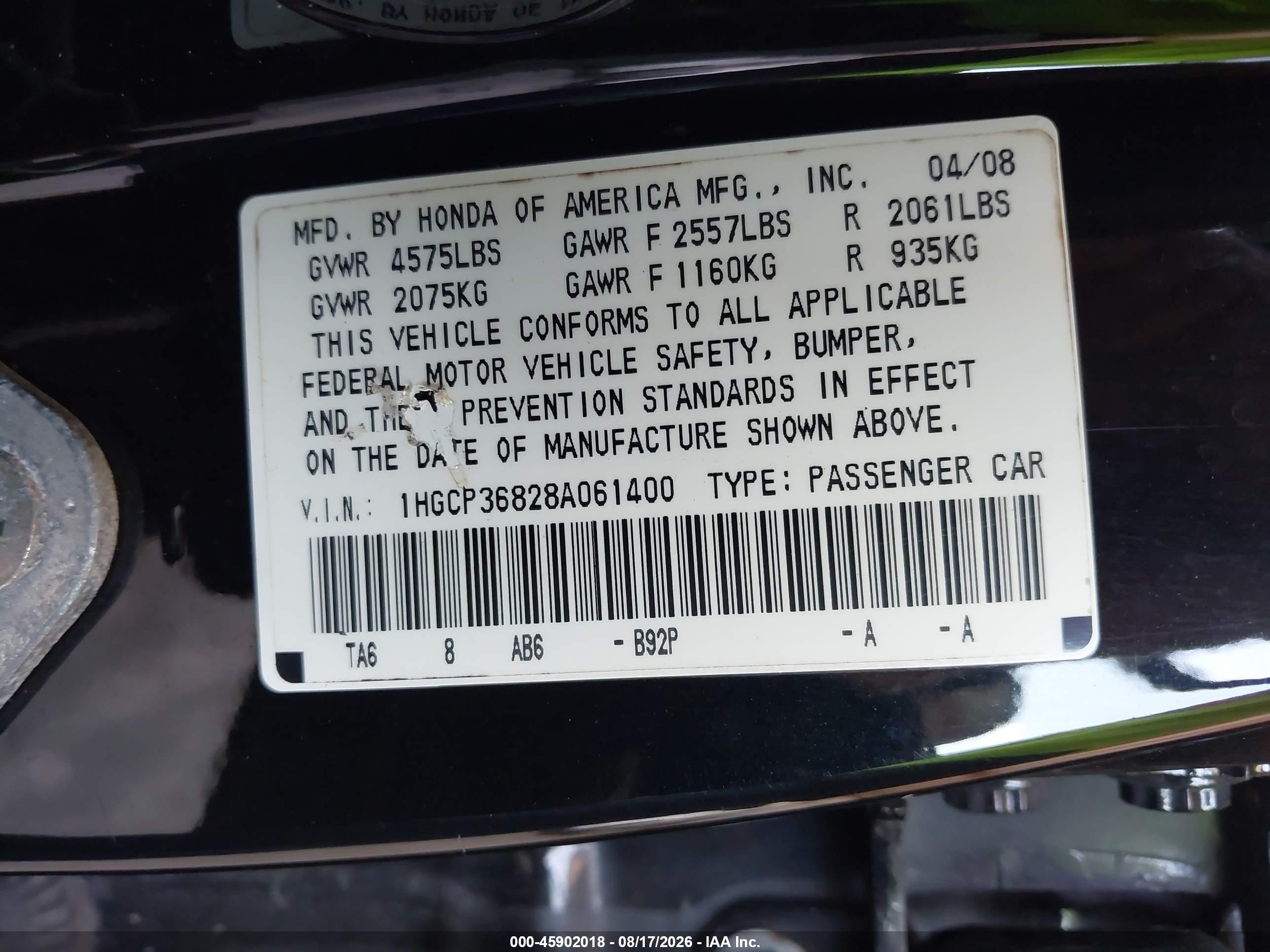 2008 Honda Accord 3.5 Ex-l Black vin: 1HGCP36828A061400