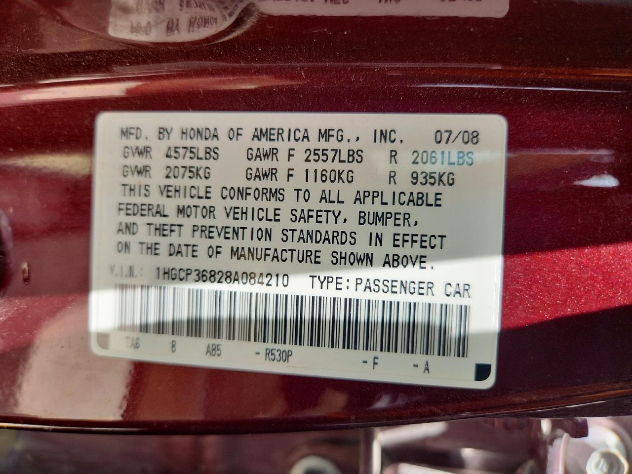 2008 Honda Accord Exl Maroon vin: 1HGCP36828A084210
