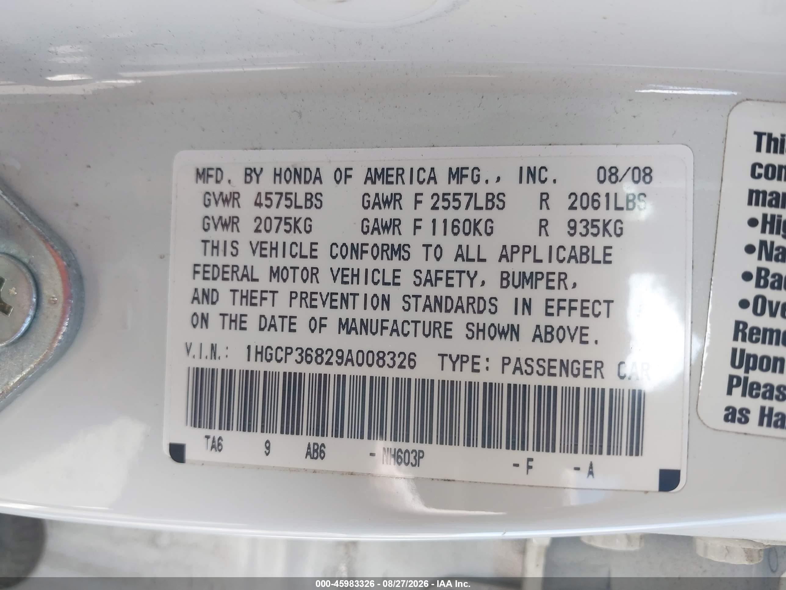 2009 Honda Accord 3.5 Ex-l White vin: 1HGCP36829A008326