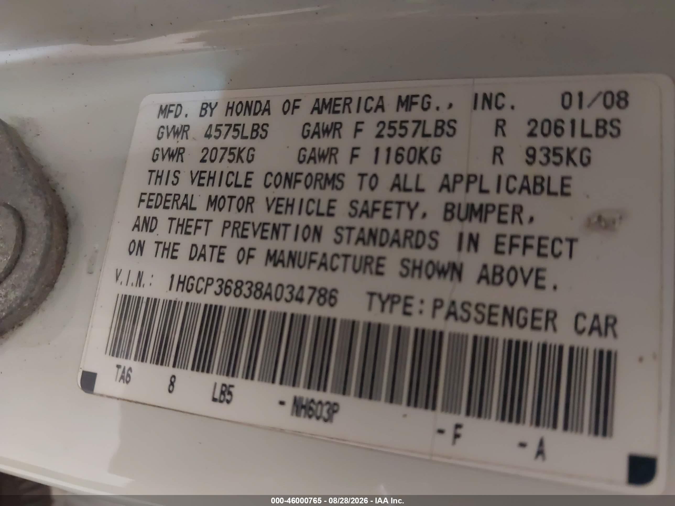 2008 Honda Accord 3.5 Ex-l White vin: 1HGCP36838A034786