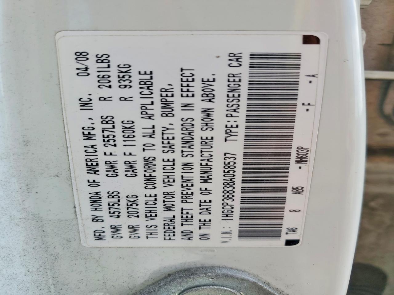 2008 Honda Accord Exl White vin: 1HGCP36838A058537
