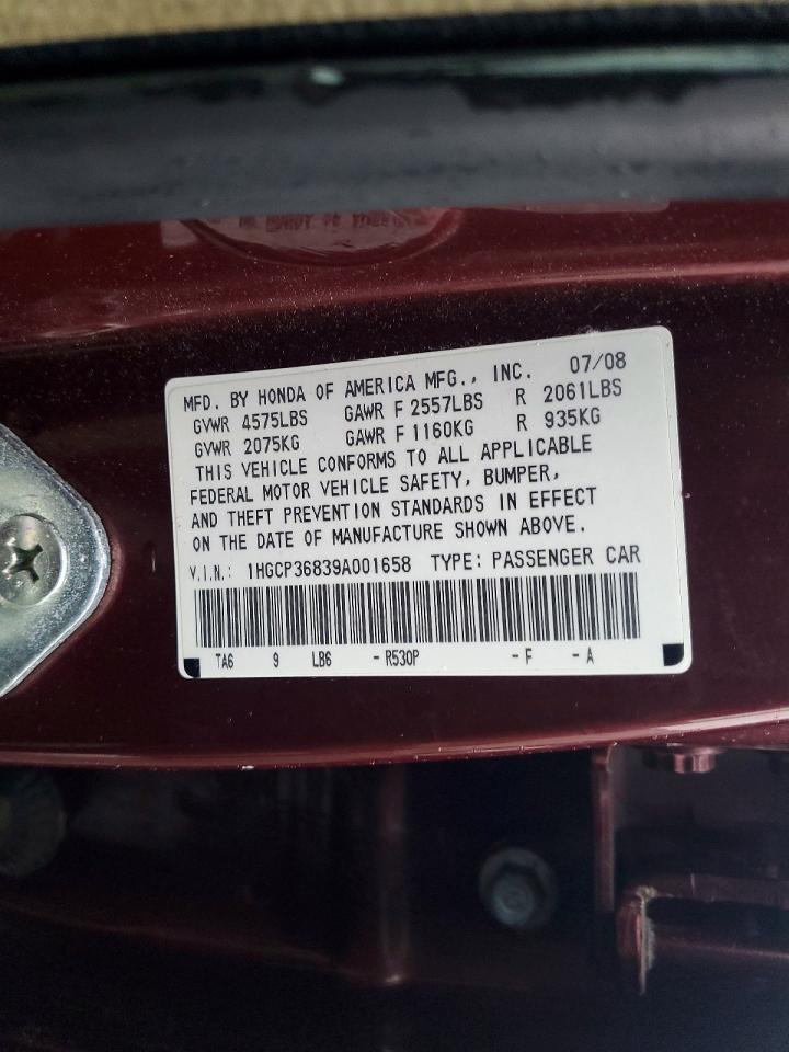 2009 Honda Accord Exl Burgundy vin: 1HGCP36839A001658