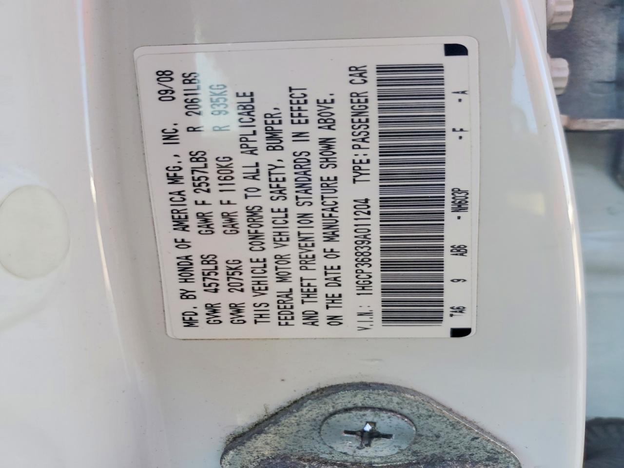 2009 Honda Accord Exl White vin: 1HGCP36839A011204