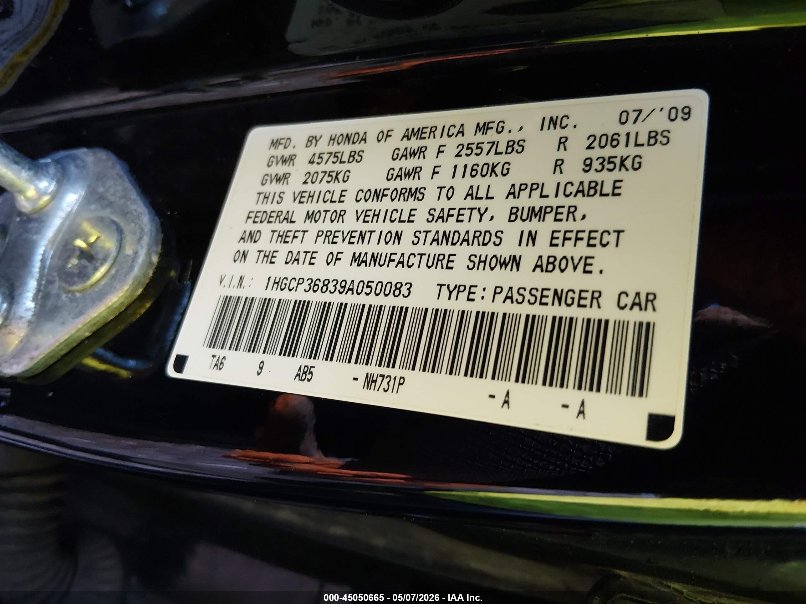 2009 Honda Accord 3.5 Ex-l Black vin: 1HGCP36839A050083
