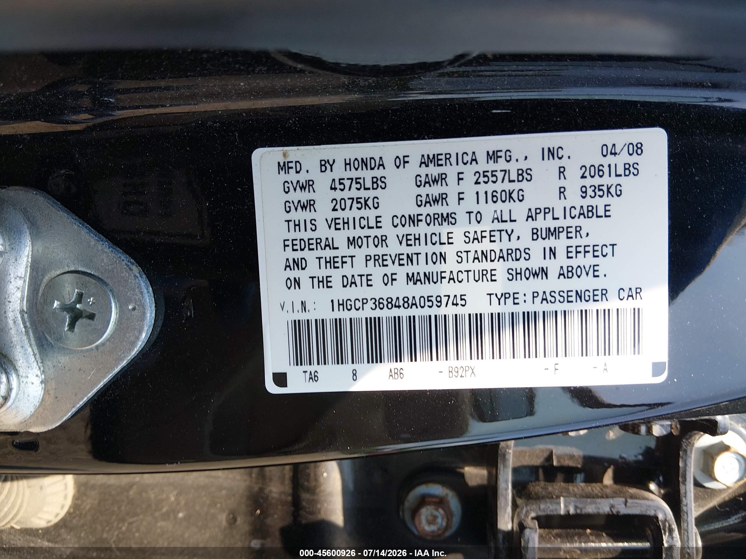 2008 Honda Accord 3.5 Ex-l Black vin: 1HGCP36848A059745