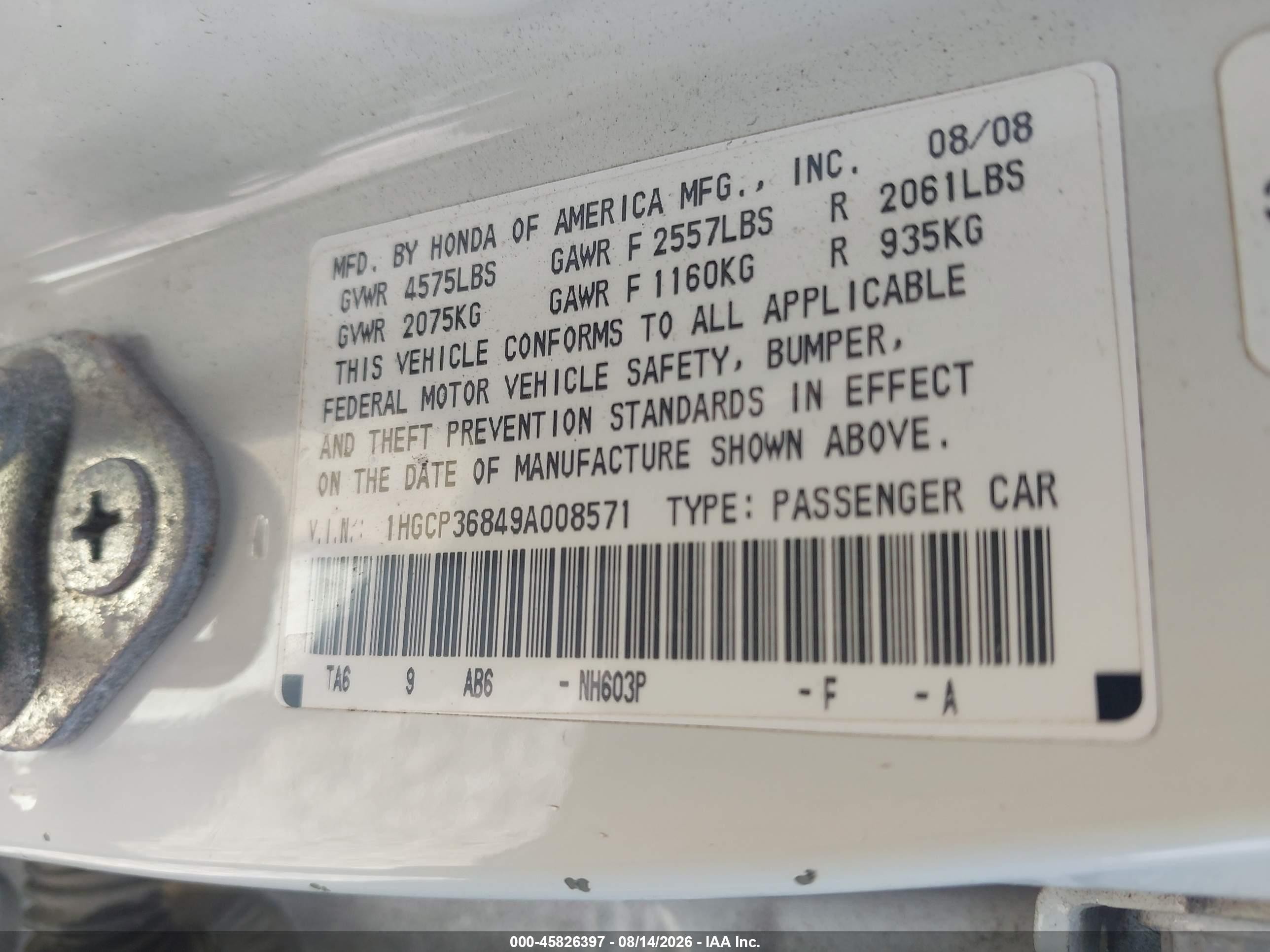 2009 Honda Accord 3.5 Ex-l White vin: 1HGCP36849A008571
