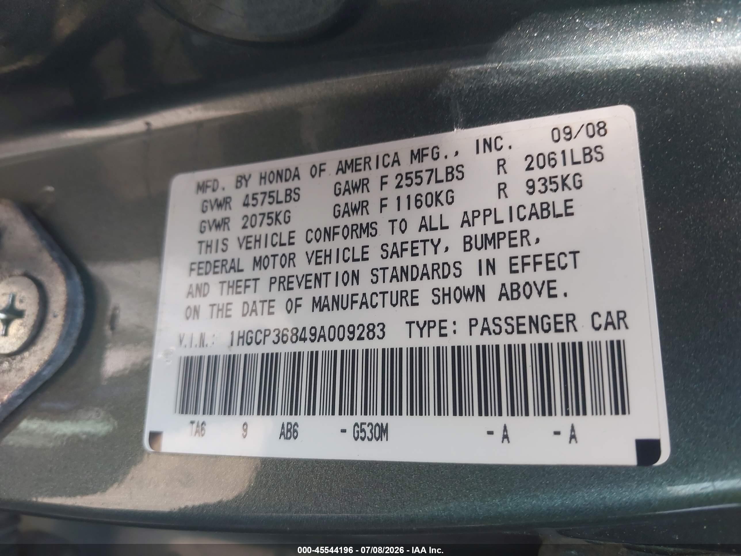 2009 Honda Accord 3.5 Ex-l Green vin: 1HGCP36849A009283
