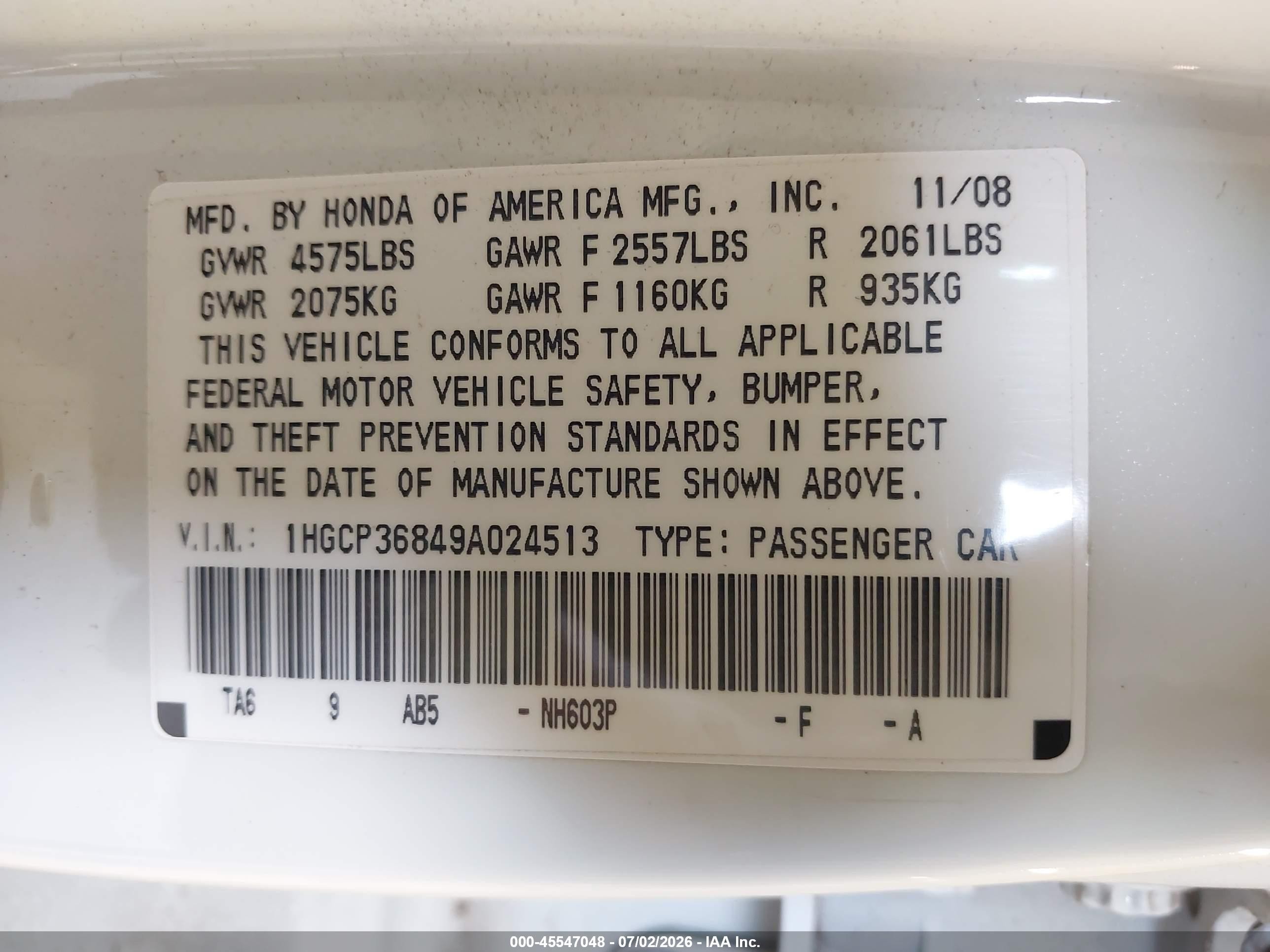 2009 Honda Accord 3.5 Ex-l White vin: 1HGCP36849A024513