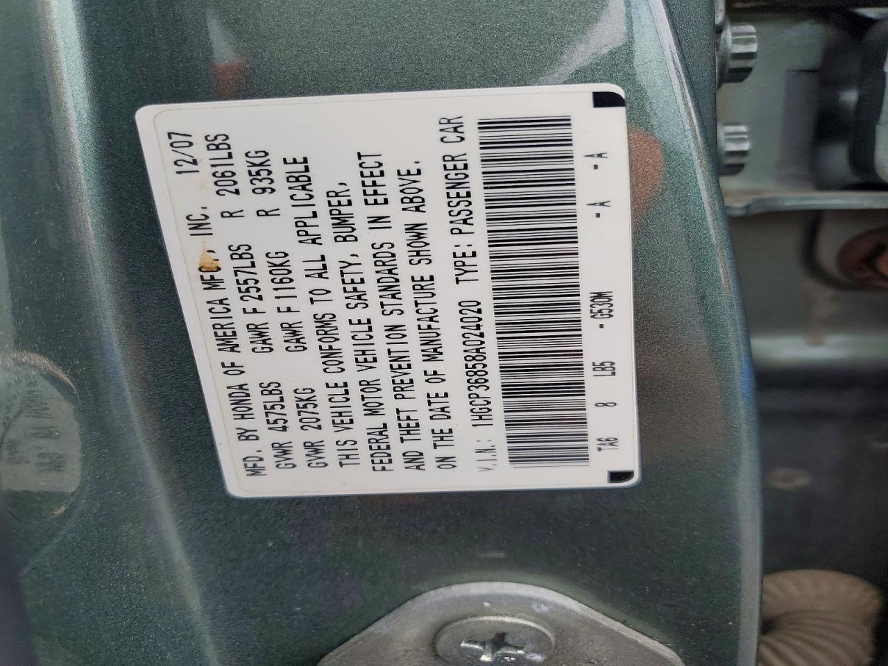 2008 Honda Accord Exl Green vin: 1HGCP36858A024020