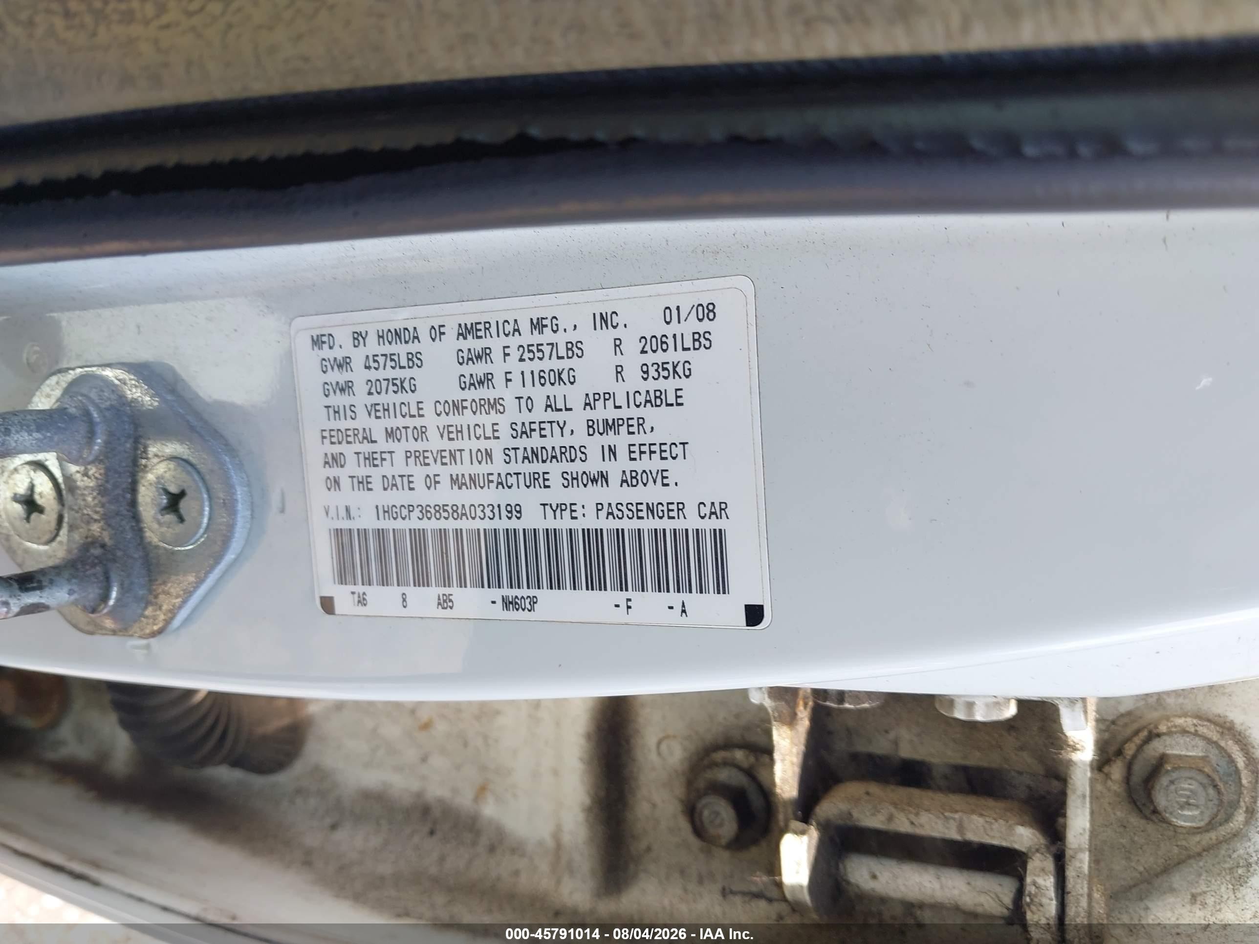 2008 Honda Accord 3.5 Ex-l White vin: 1HGCP36858A033199