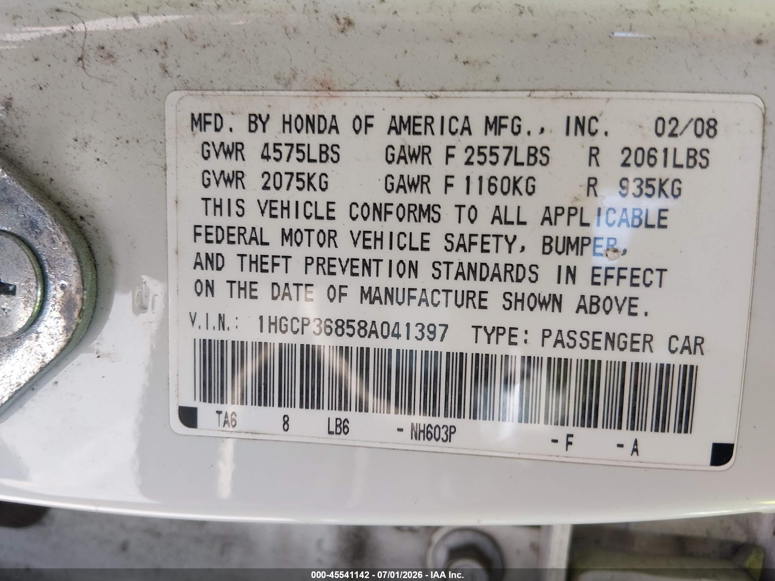 2008 Honda Accord 3.5 Ex-l White vin: 1HGCP36858A041397