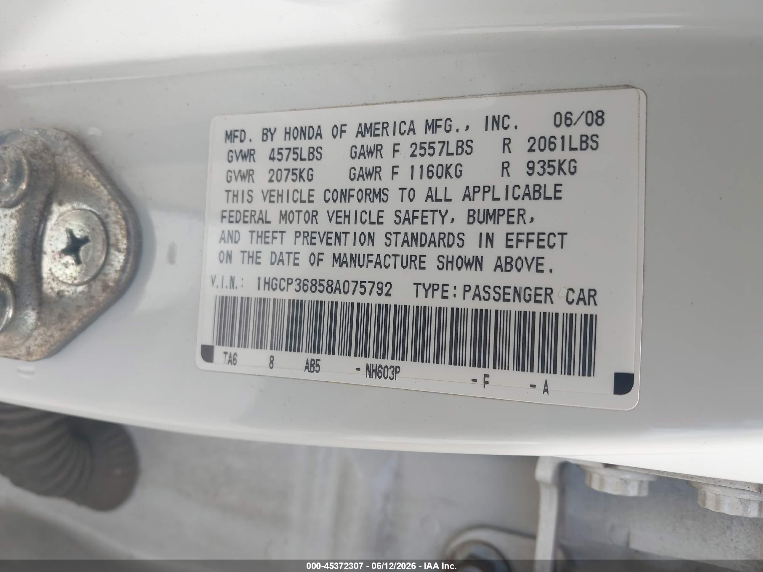 2008 Honda Accord 3.5 Ex-l White vin: 1HGCP36858A075792