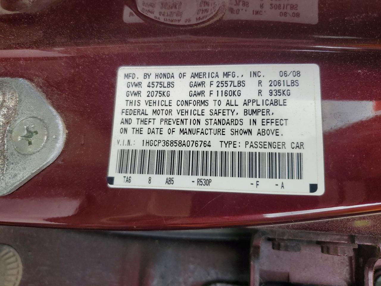 2008 Honda Accord Exl Burgundy vin: 1HGCP36858A076764