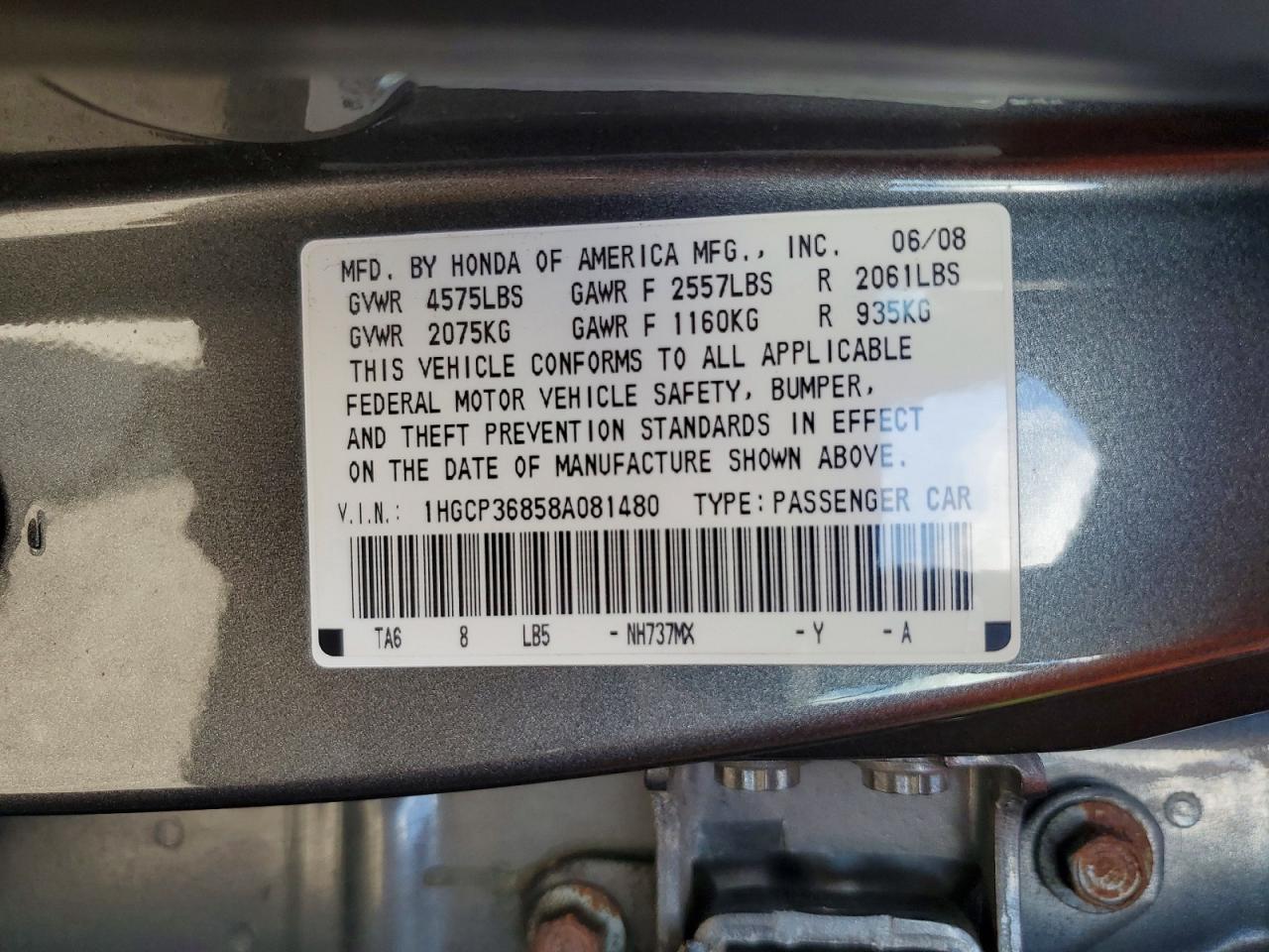 2008 Honda Accord Exl Gray vin: 1HGCP36858A081480