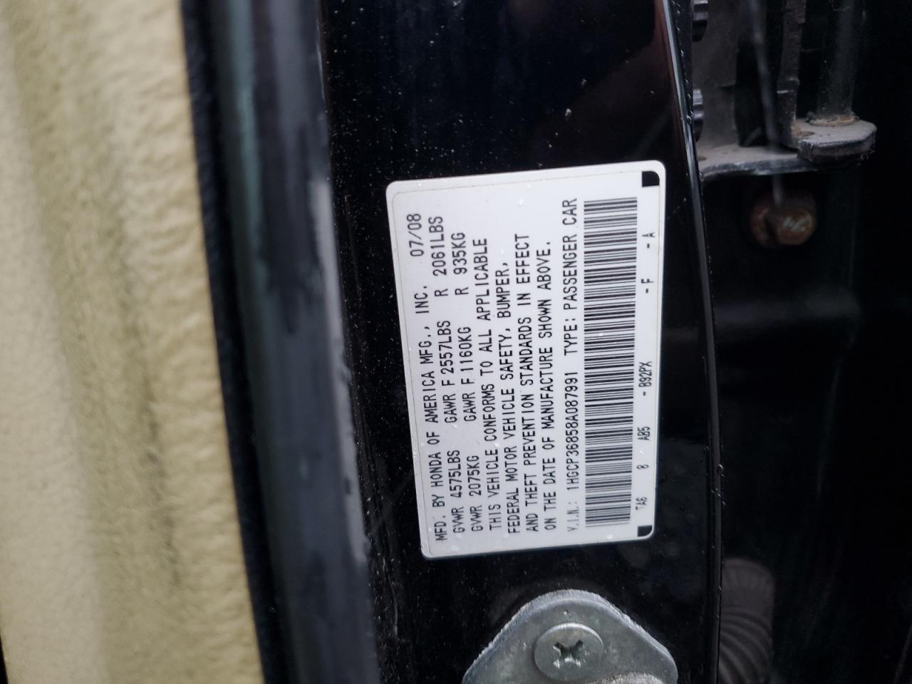 2008 Honda Accord Exl Black vin: 1HGCP36858A087991