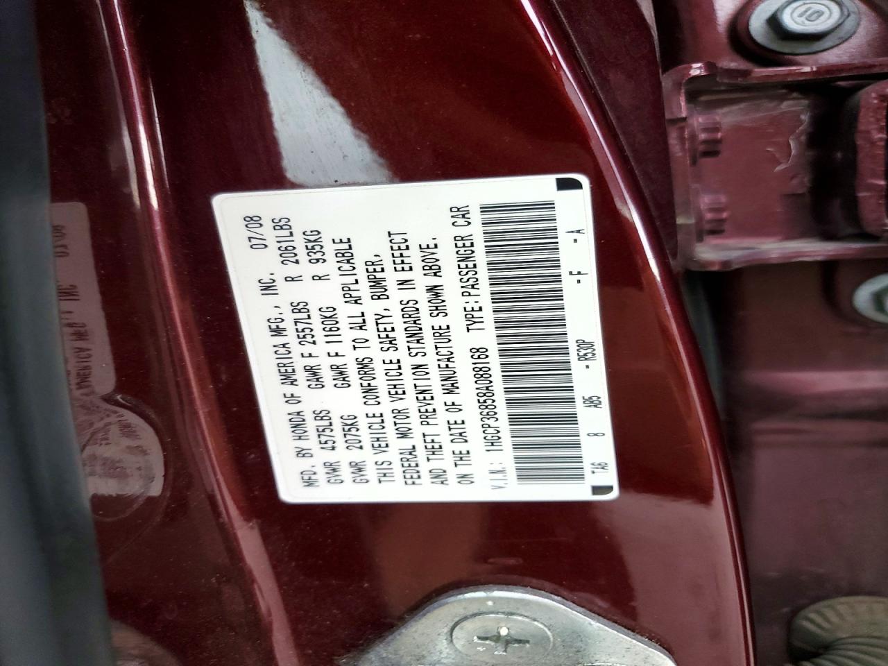 2008 Honda Accord Exl Maroon vin: 1HGCP36858A088168