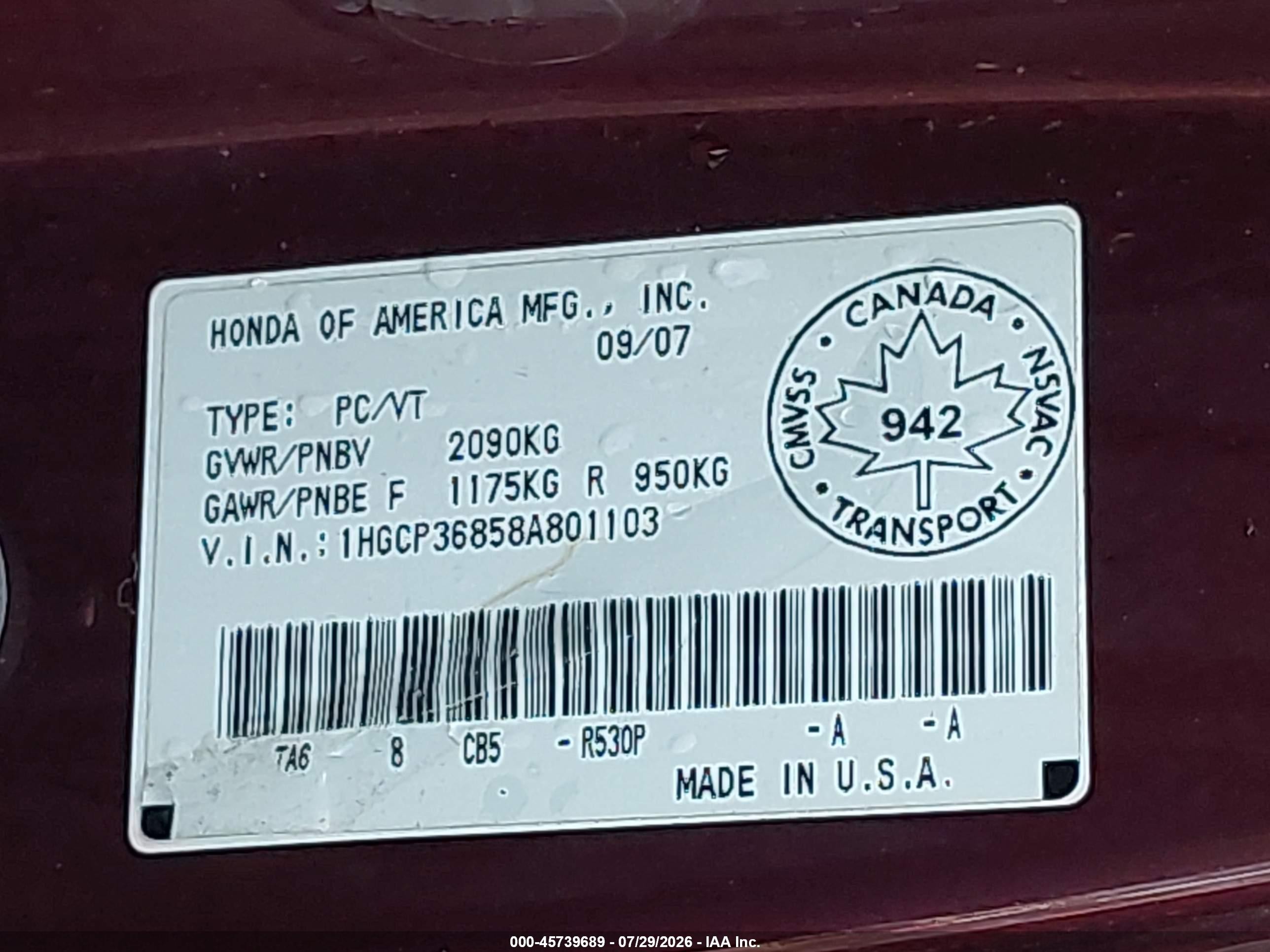2008 Honda Accord 3.5 Ex-l Burgundy vin: 1HGCP36858A801103