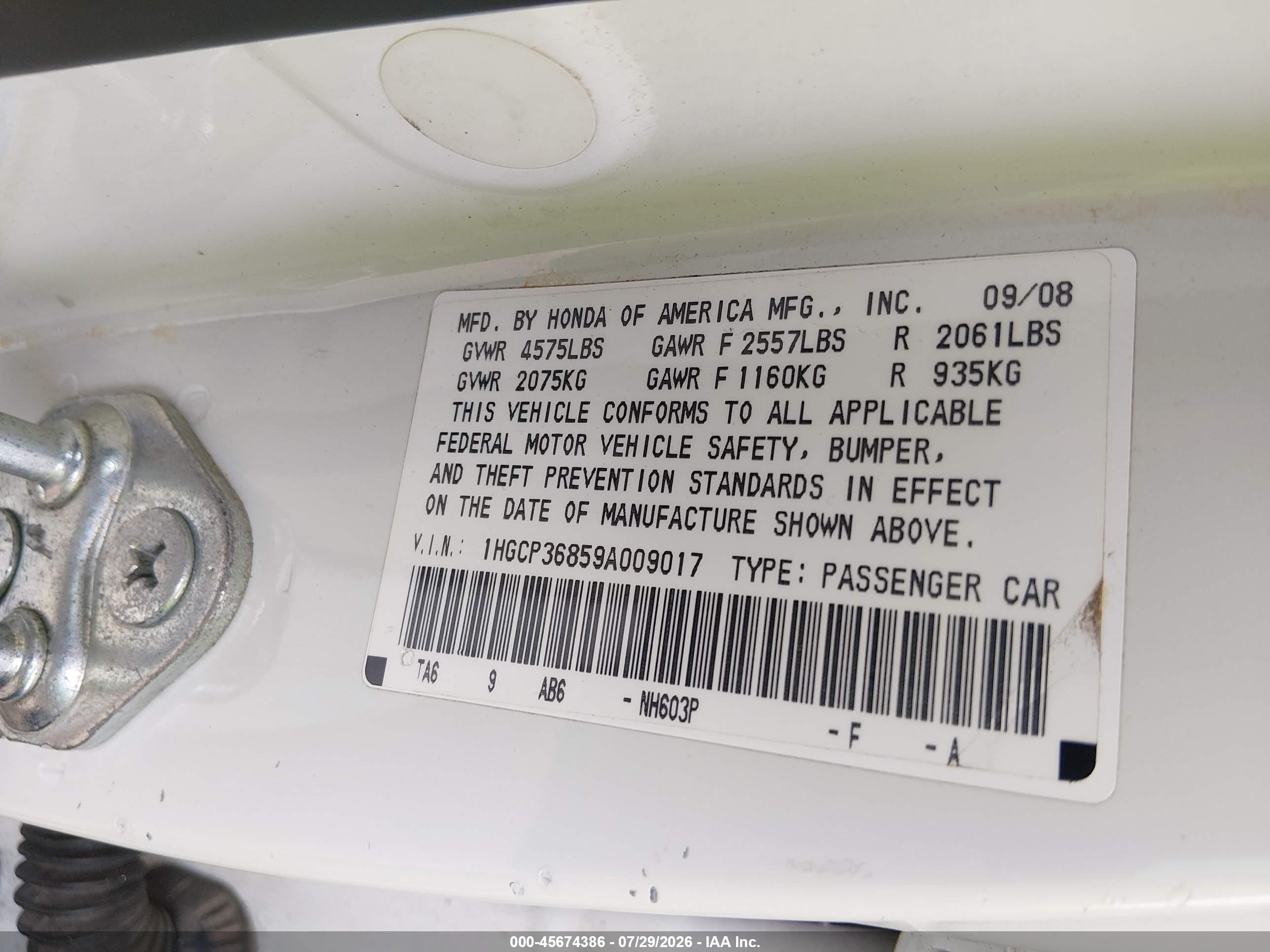 2009 Honda Accord 3.5 Ex-l White vin: 1HGCP36859A009017