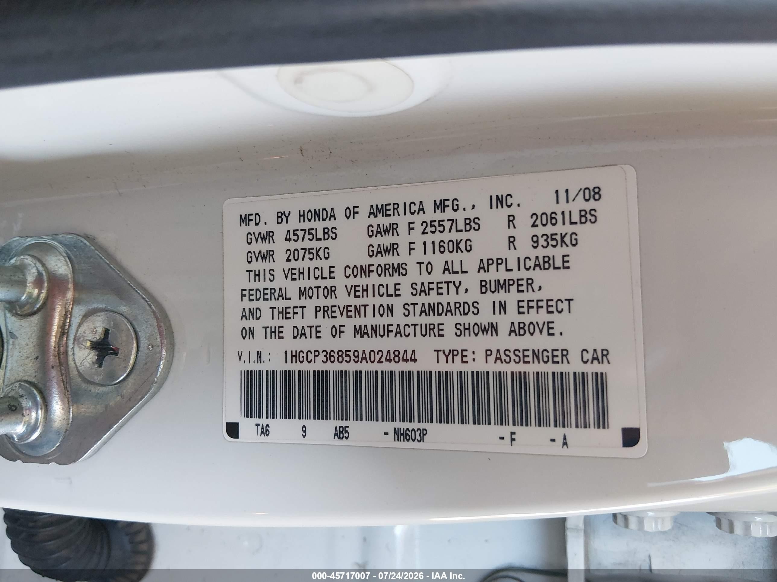 2009 Honda Accord 3.5 Ex-l White vin: 1HGCP36859A024844
