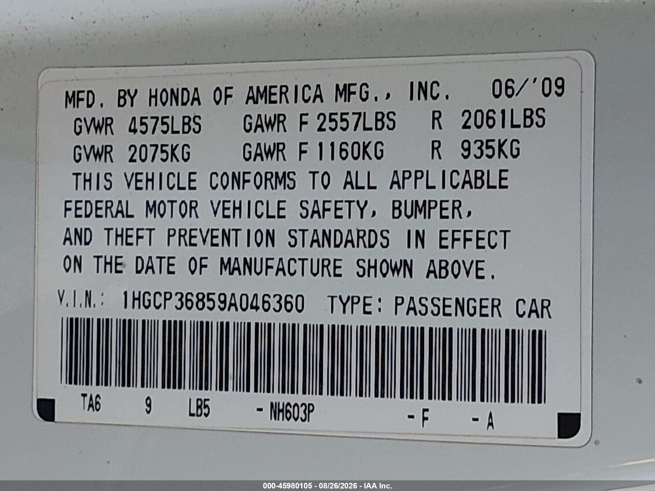 2009 Honda Accord 3.5 Ex-l White vin: 1HGCP36859A046360