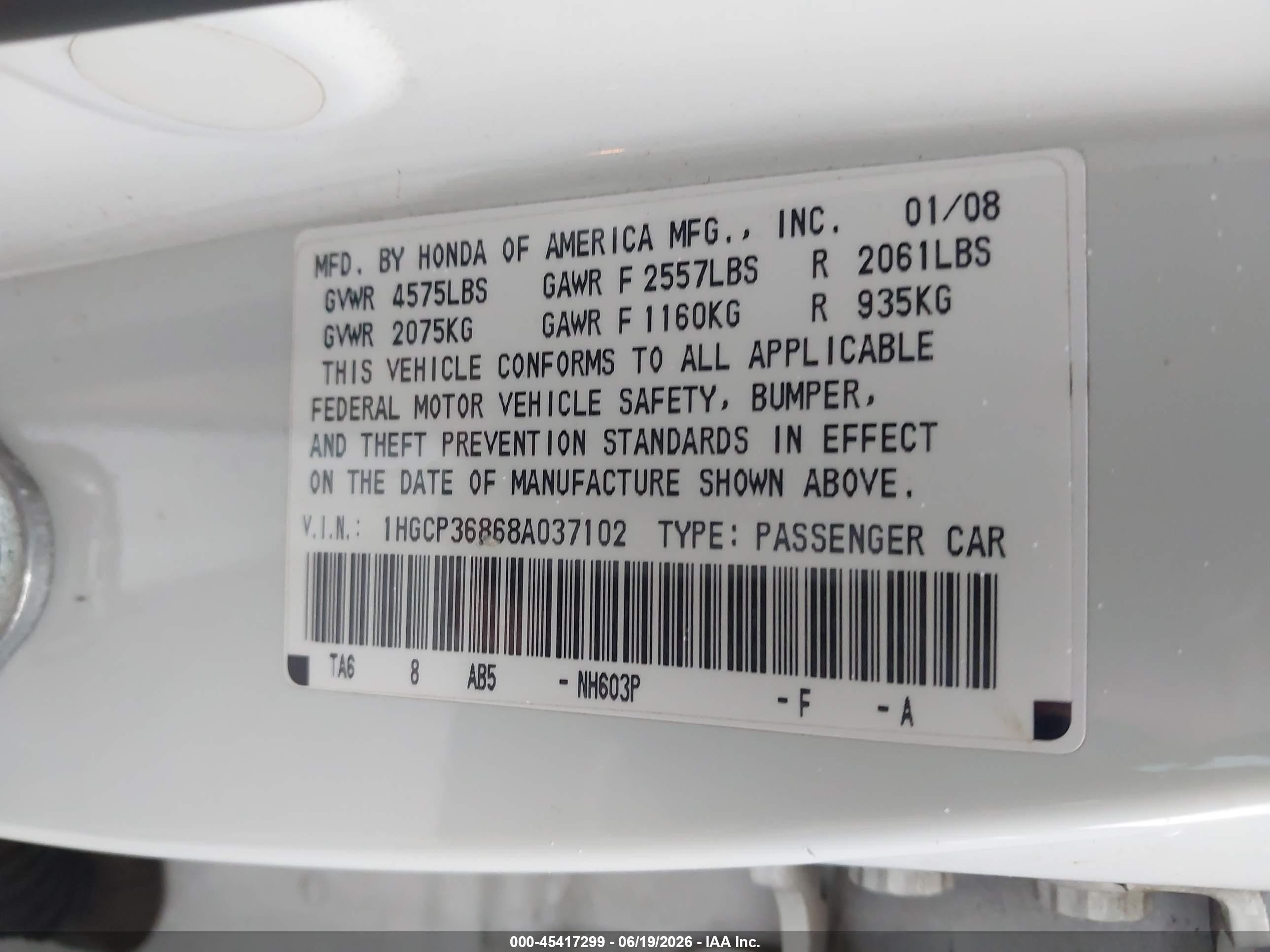 2008 Honda Accord 3.5 Ex-l White vin: 1HGCP36868A037102