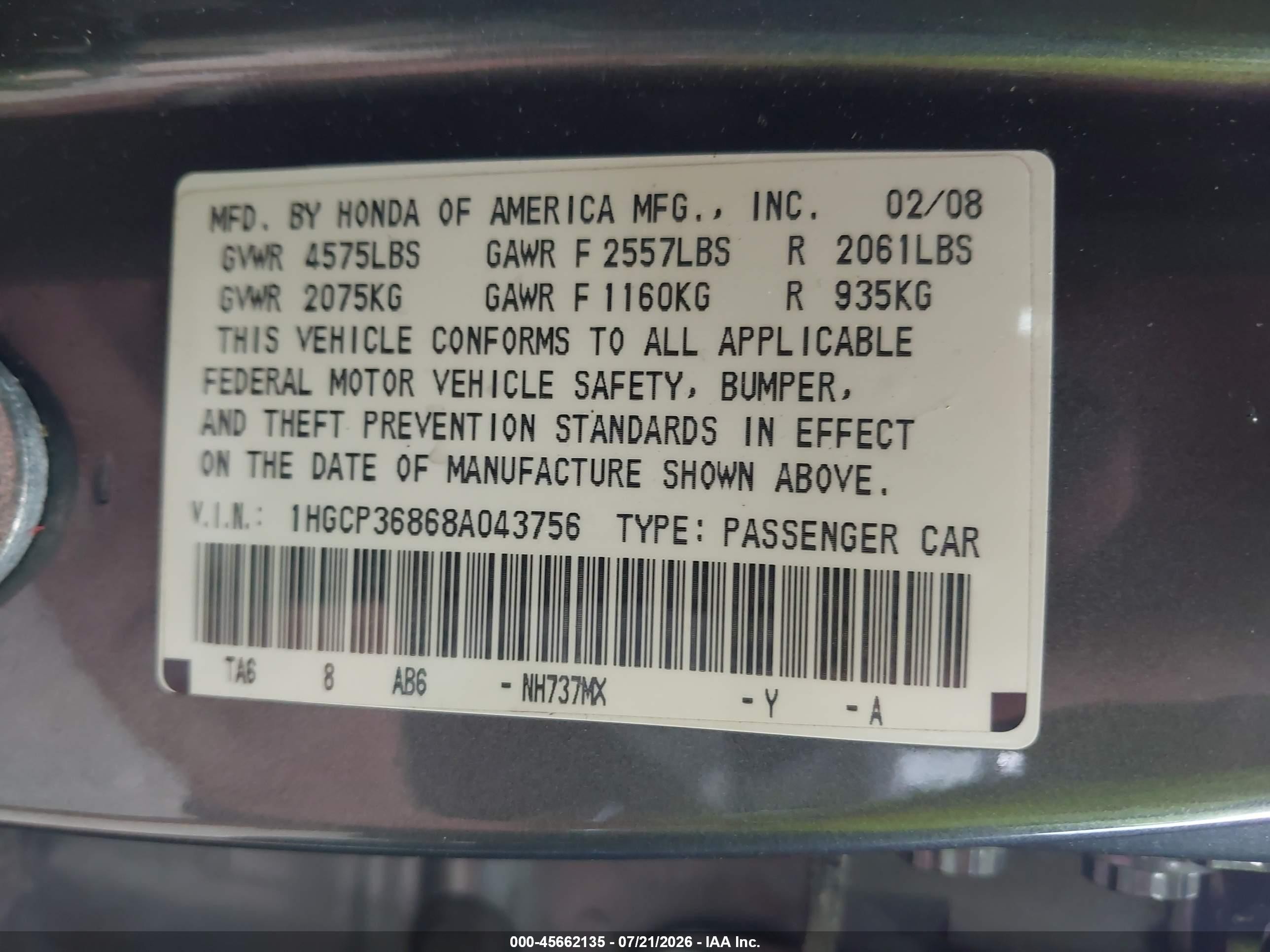 2008 Honda Accord 3.5 Ex-l Gray vin: 1HGCP36868A043756