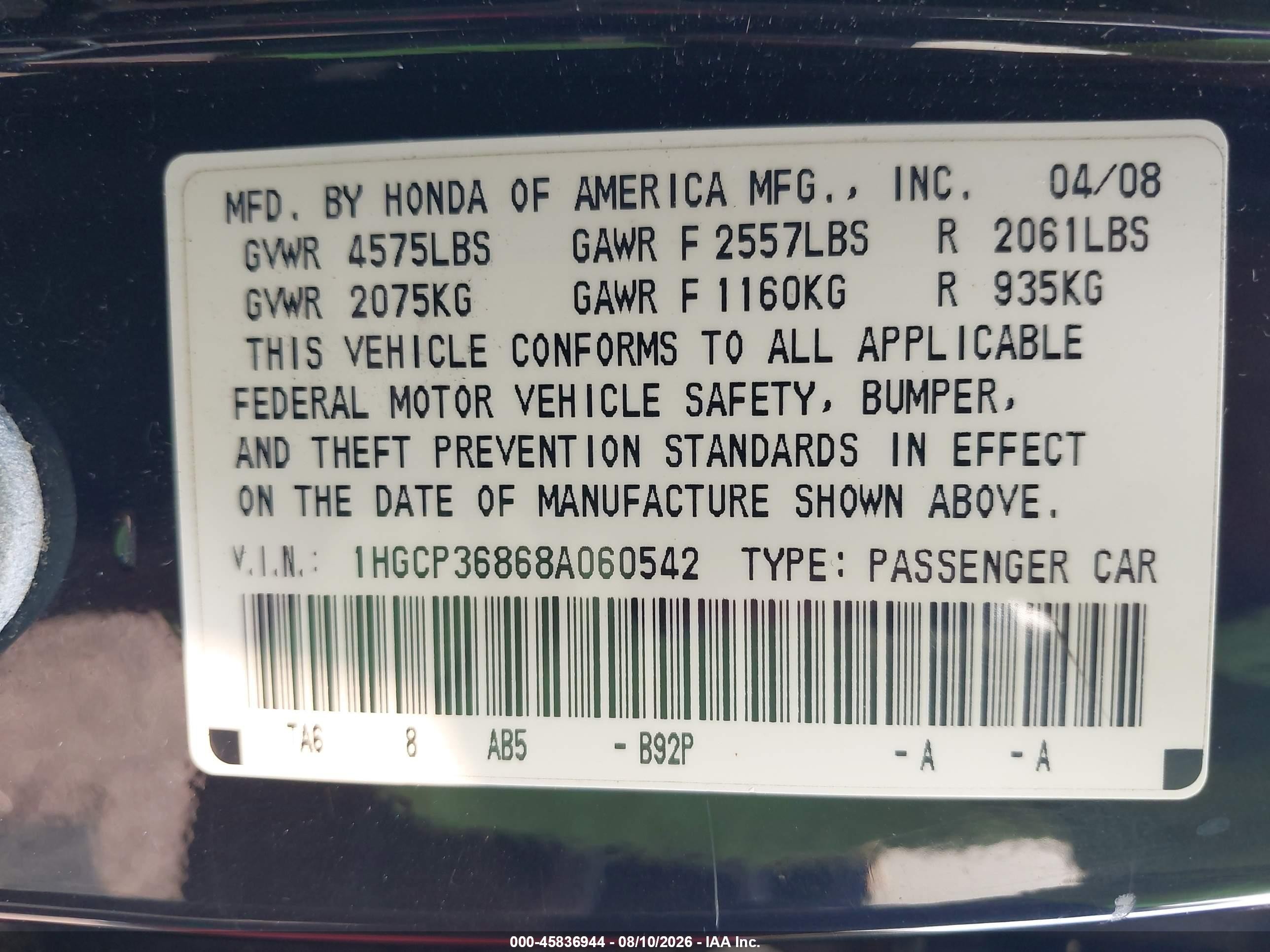 2008 Honda Accord 3.5 Ex-l Black vin: 1HGCP36868A060542