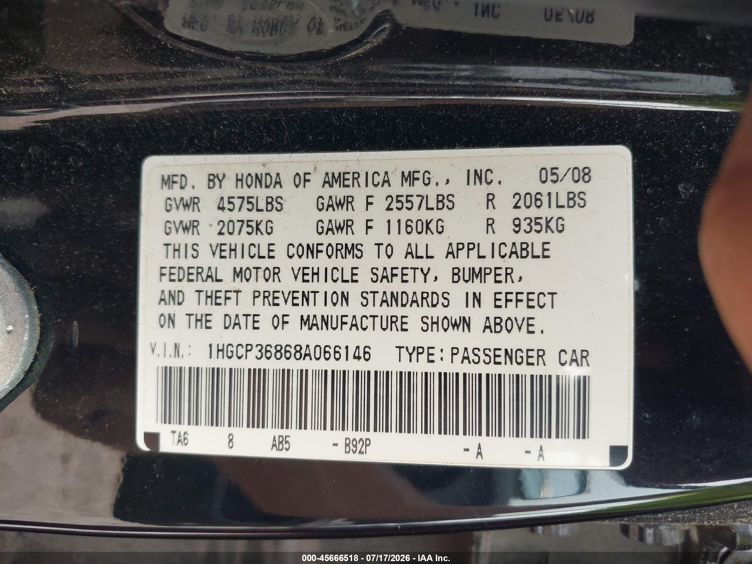 2008 Honda Accord 3.5 Ex-l Черный vin: 1HGCP36868A066146