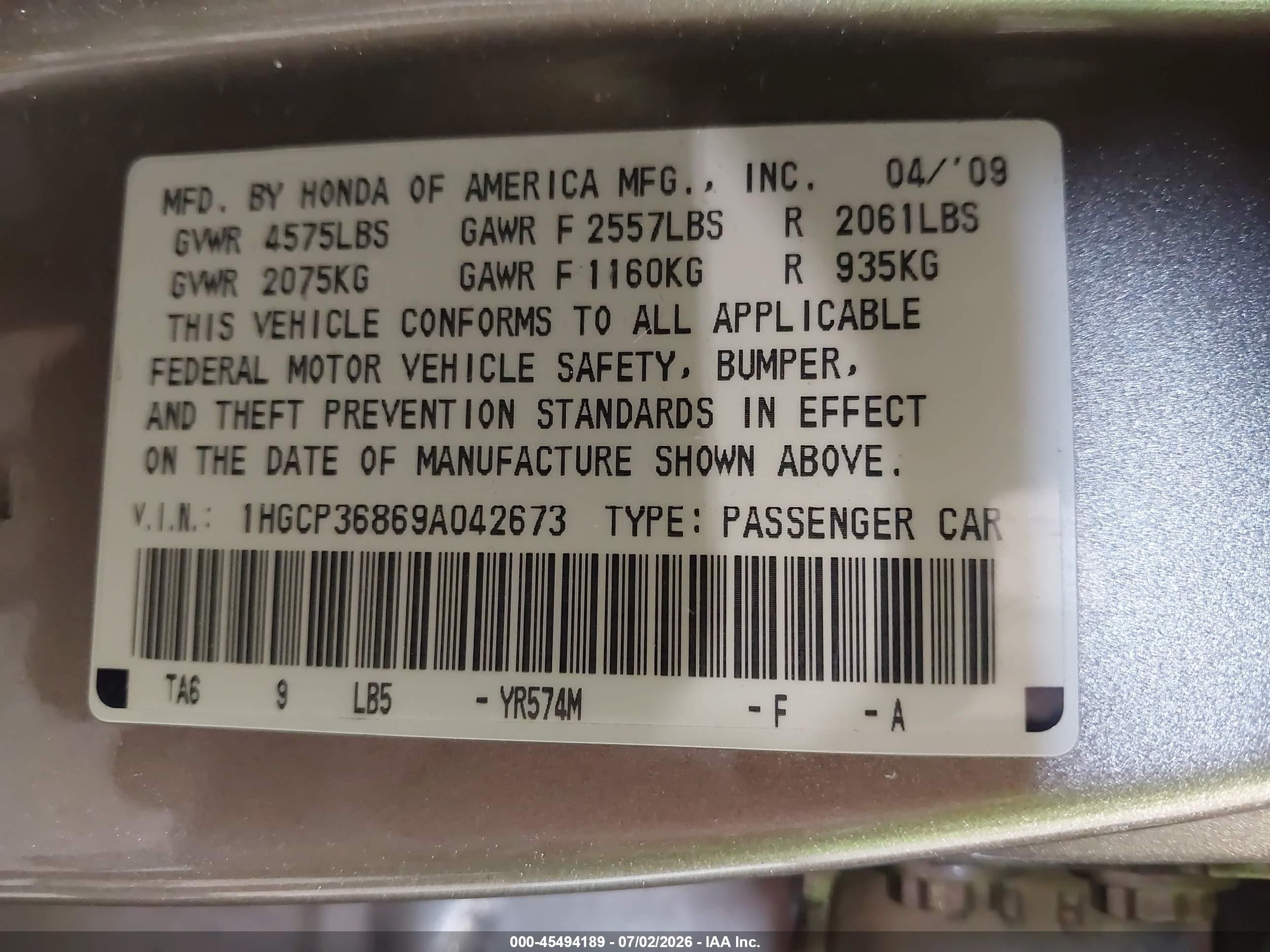 2009 Honda Accord 3.5 Ex-l Beige vin: 1HGCP36869A042673